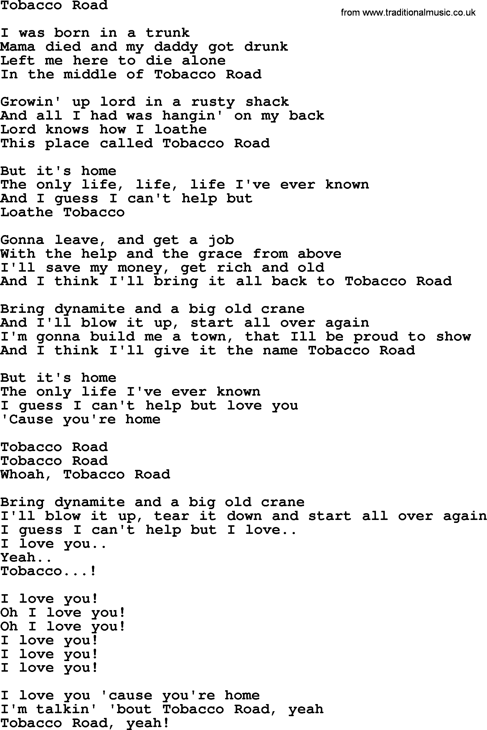 Tobacco Road By The Byrds Lyrics With Pdf Tobacco road lyrics by d: traditional music library