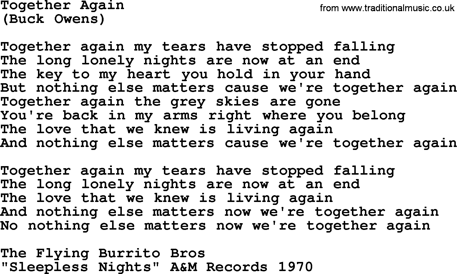 The Byrds song Together Again, lyrics