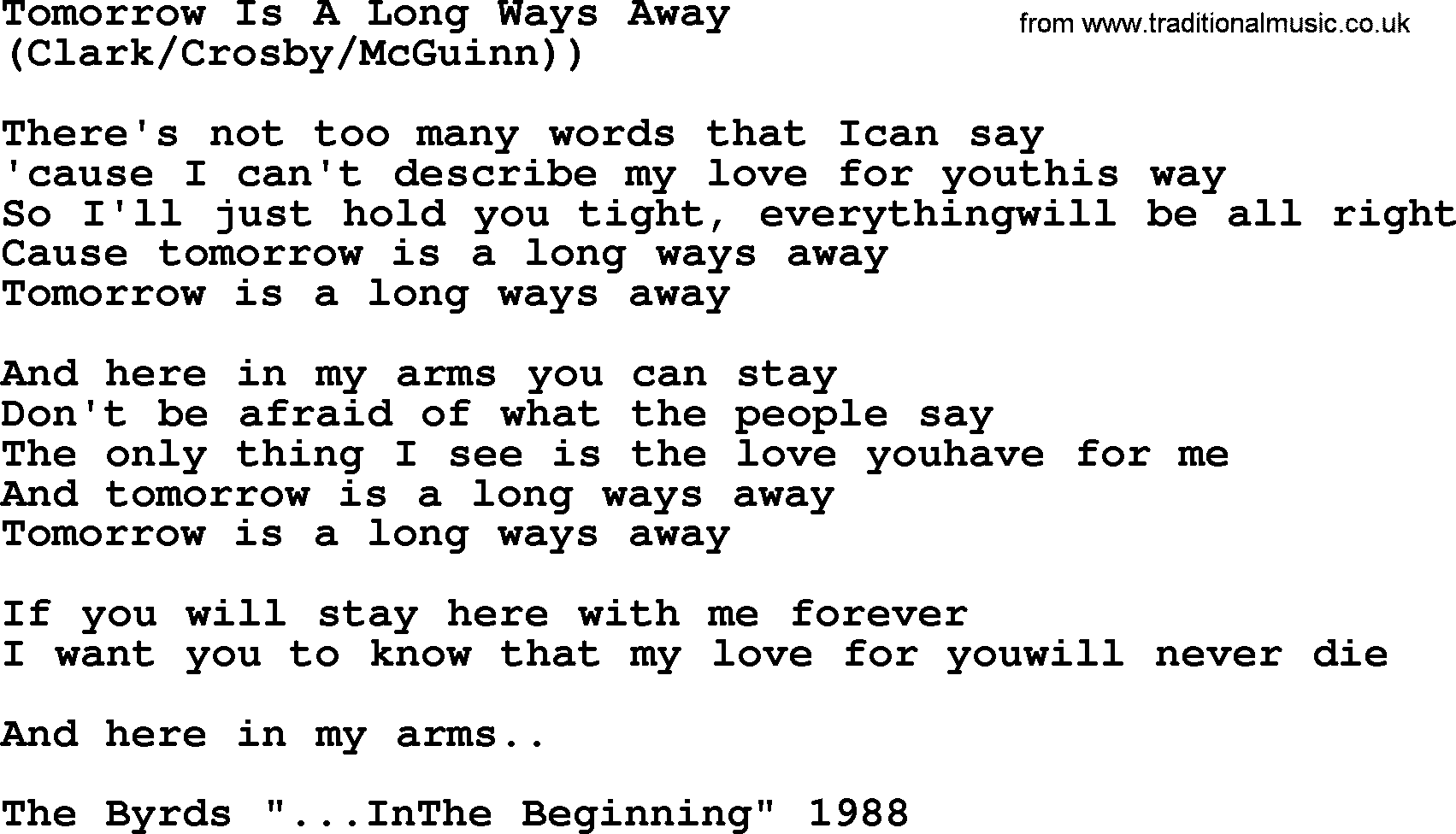 The Byrds song Tomorrow Is A Long Ways Away, lyrics