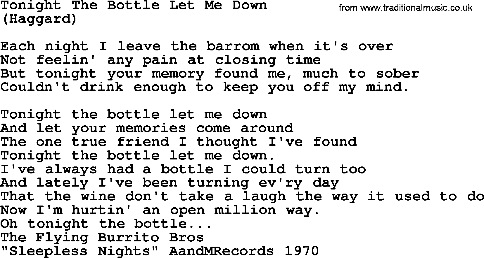 The Byrds song Tonight The Bottle Let Me Down, lyrics