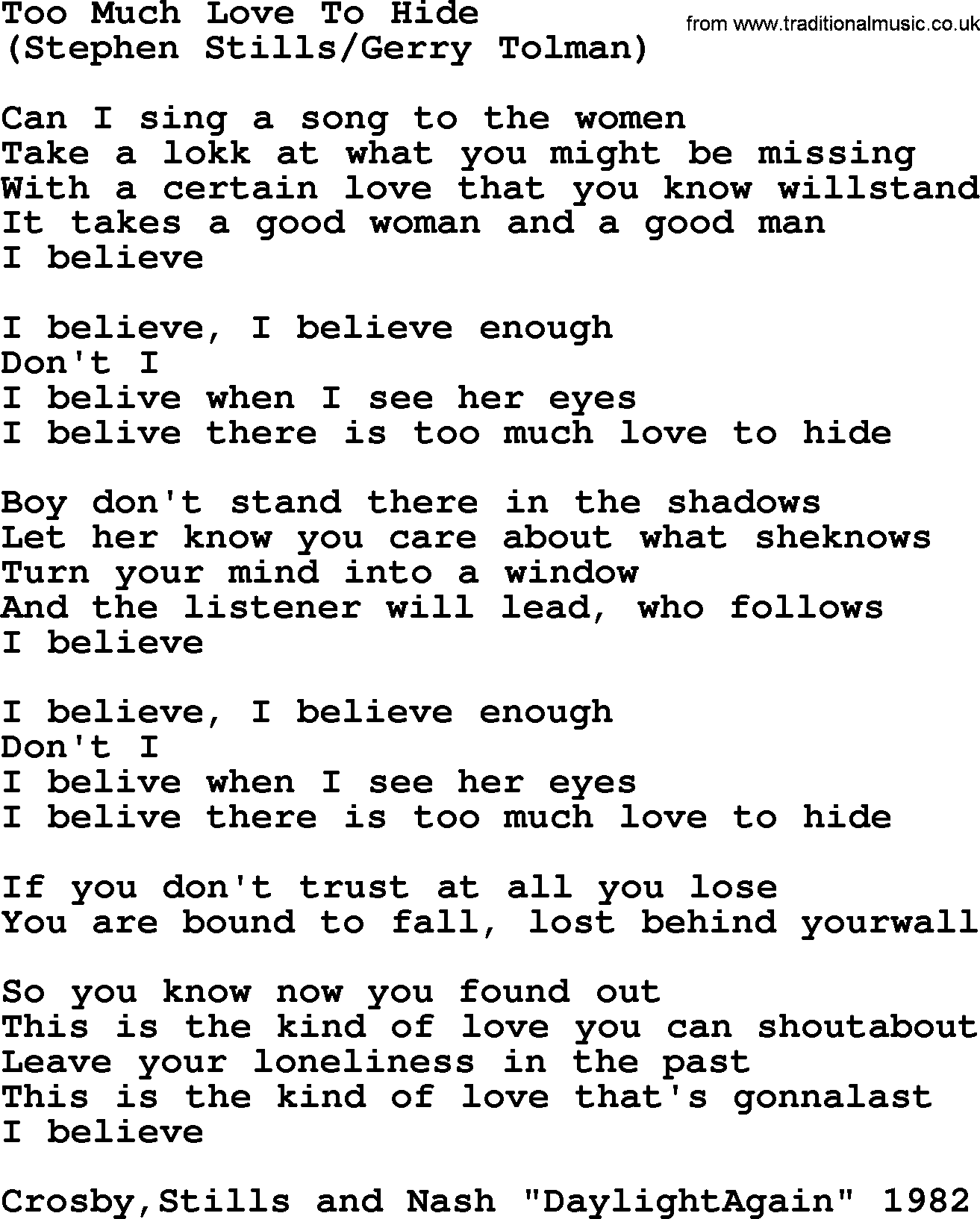 The Byrds song Too Much Love To Hide, lyrics
