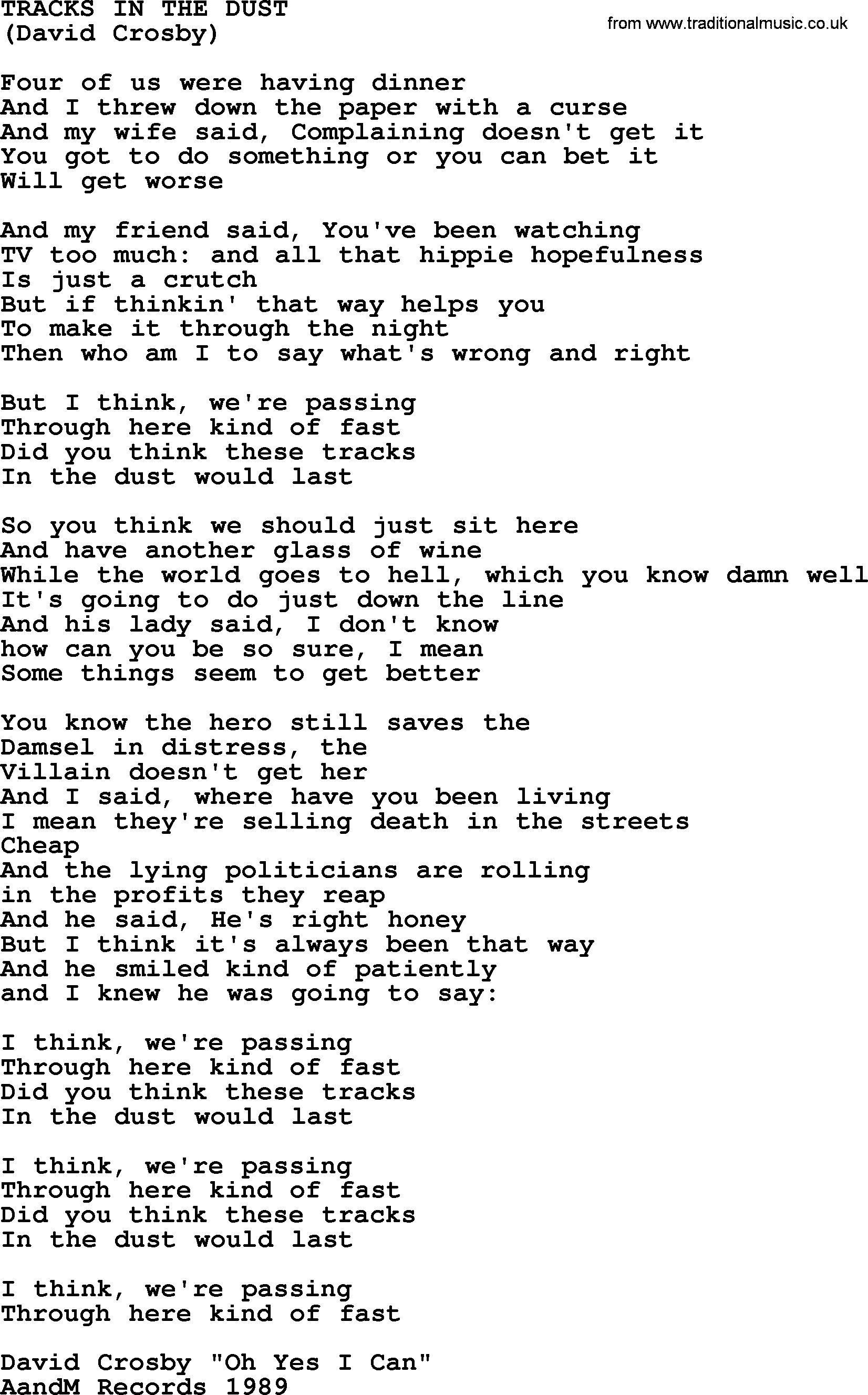 The Byrds song Tracks In The Dust, lyrics