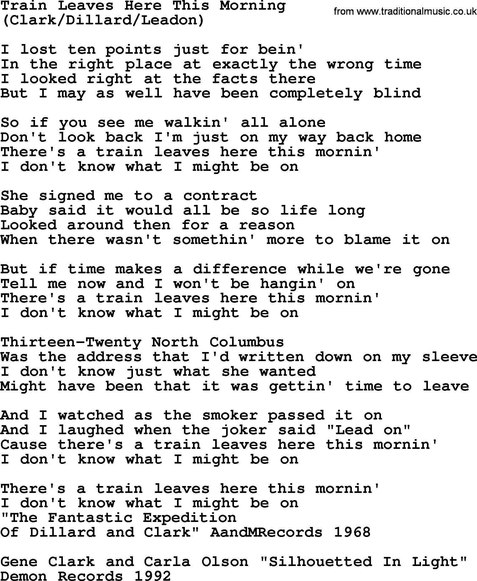 The Byrds song Train Leaves Here This Morning, lyrics