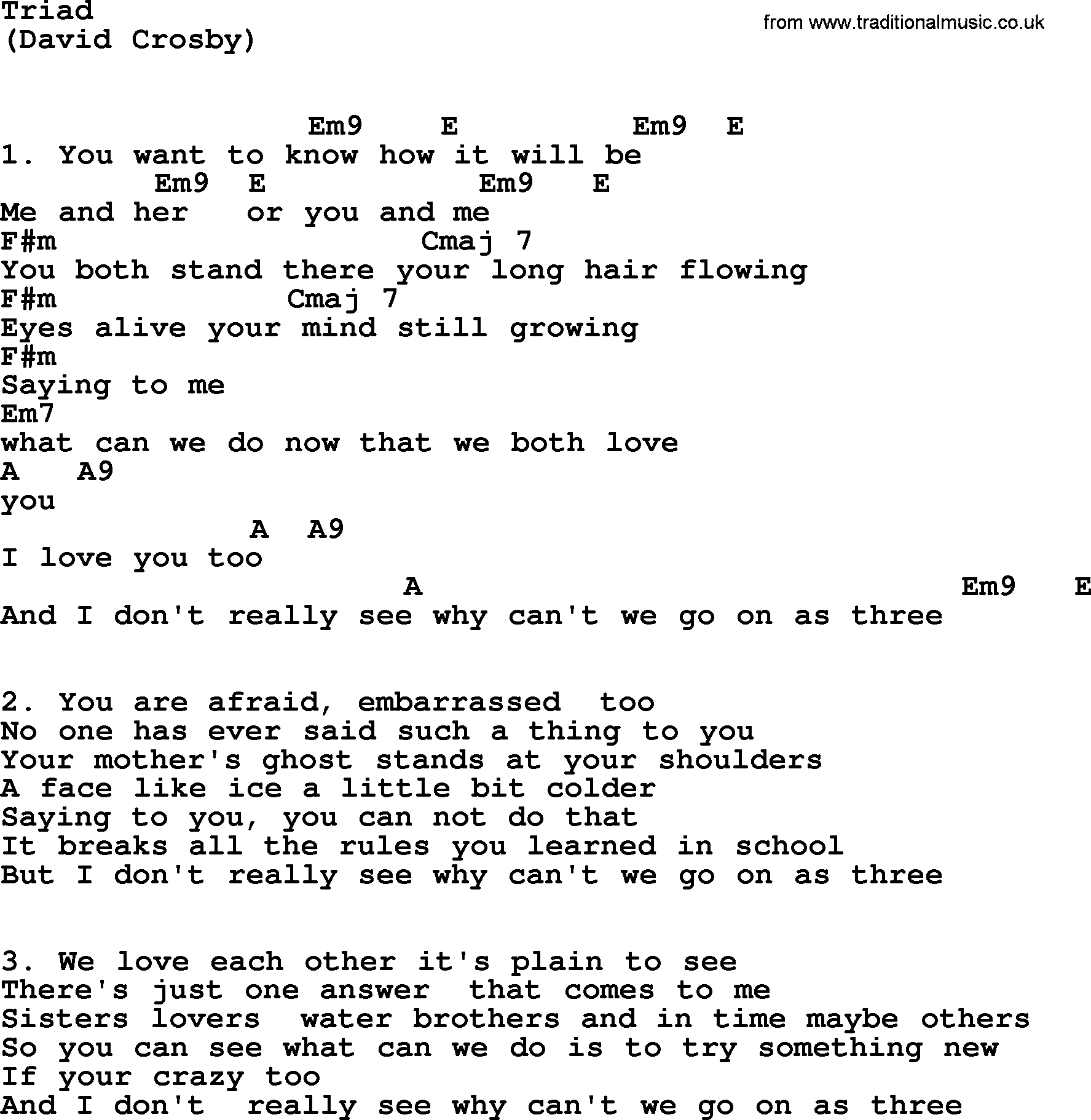 The Byrds song Triad, lyrics and chords