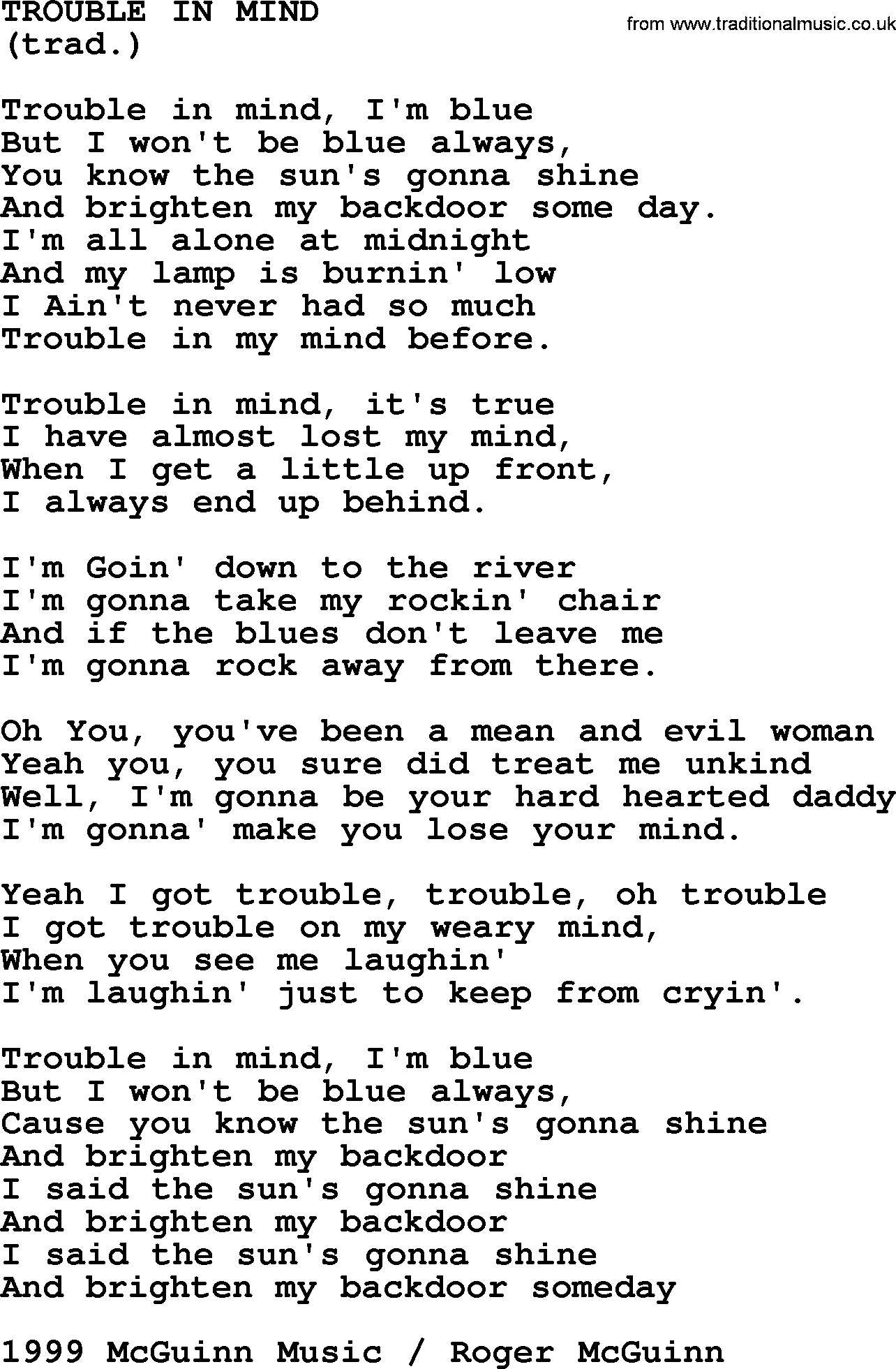 The Byrds song Trouble In Mind, lyrics