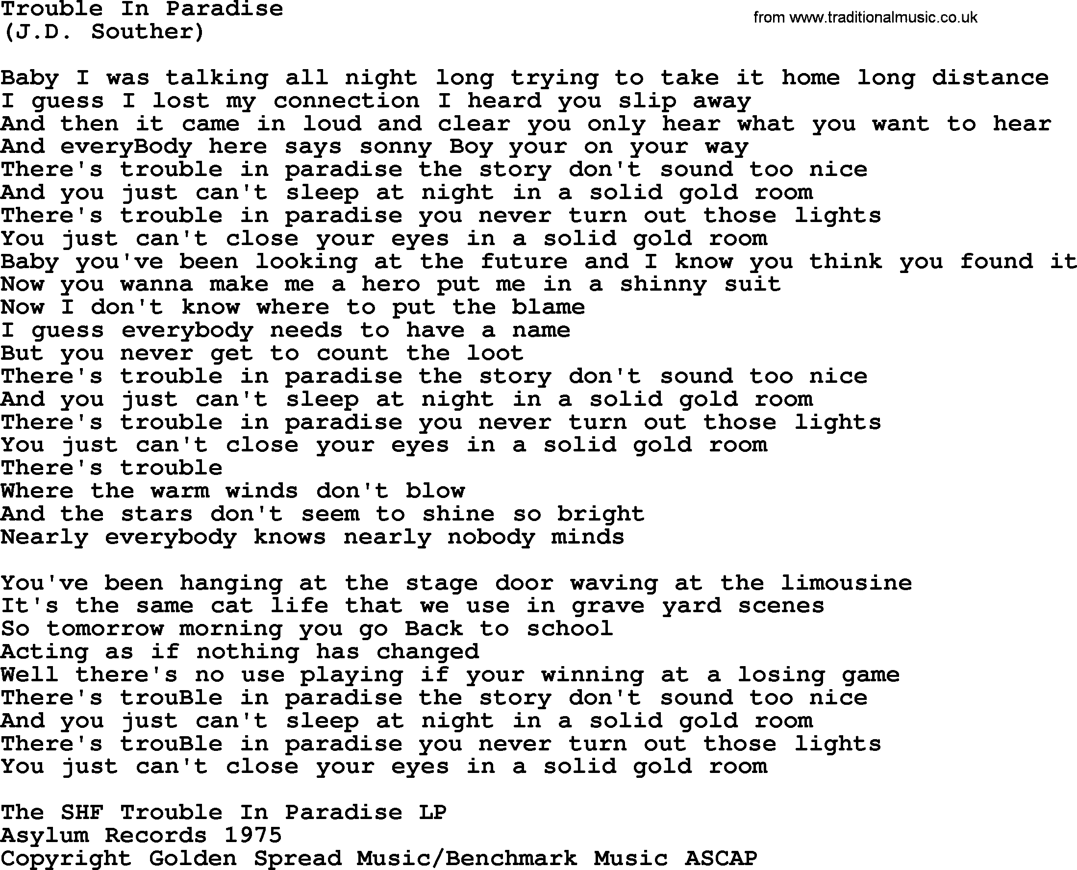 The Byrds song Trouble In Paradise, lyrics