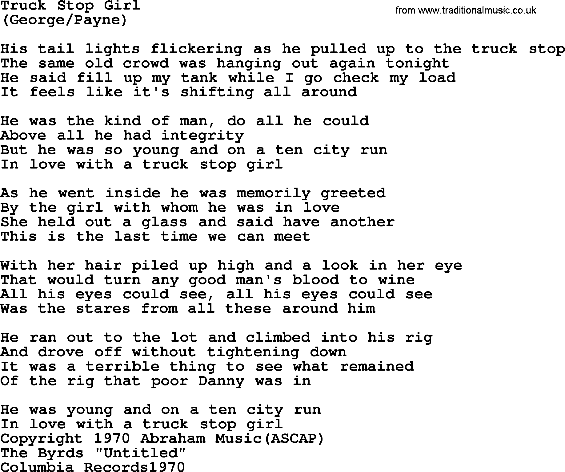 The Byrds song Truck Stop Girl, lyrics
