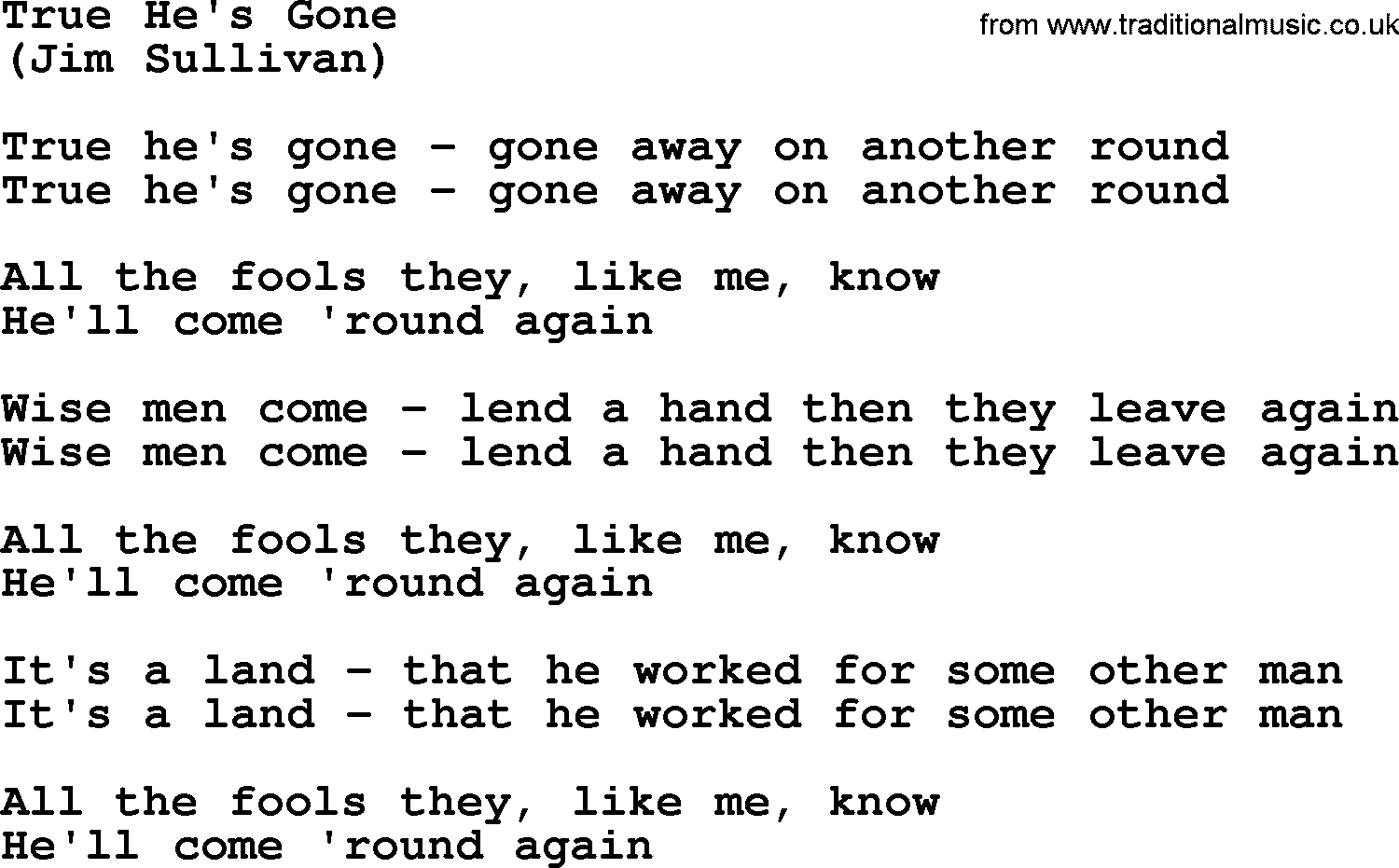 The Byrds song True He's Gone, lyrics