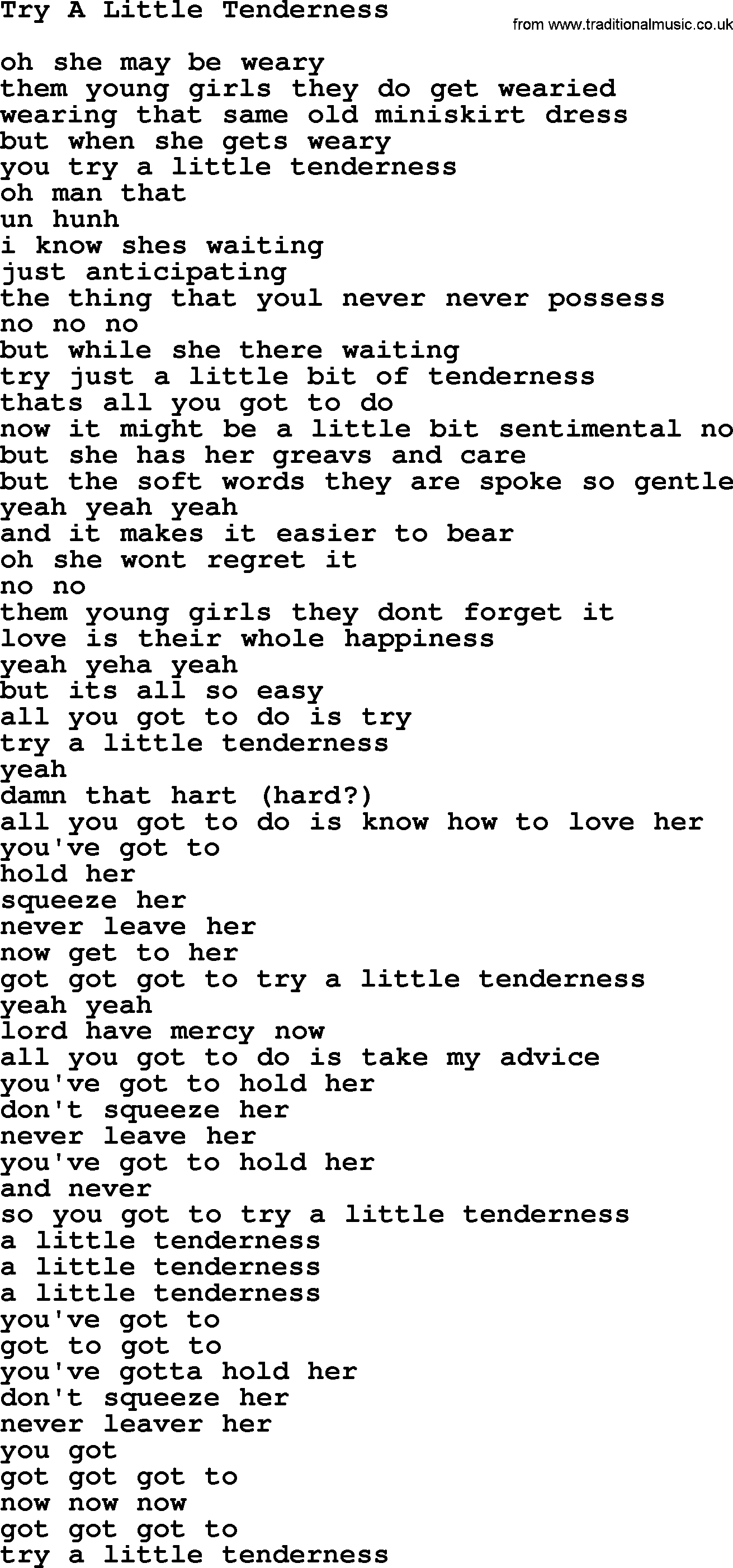 The Byrds song Try A Little Tenderness, lyrics