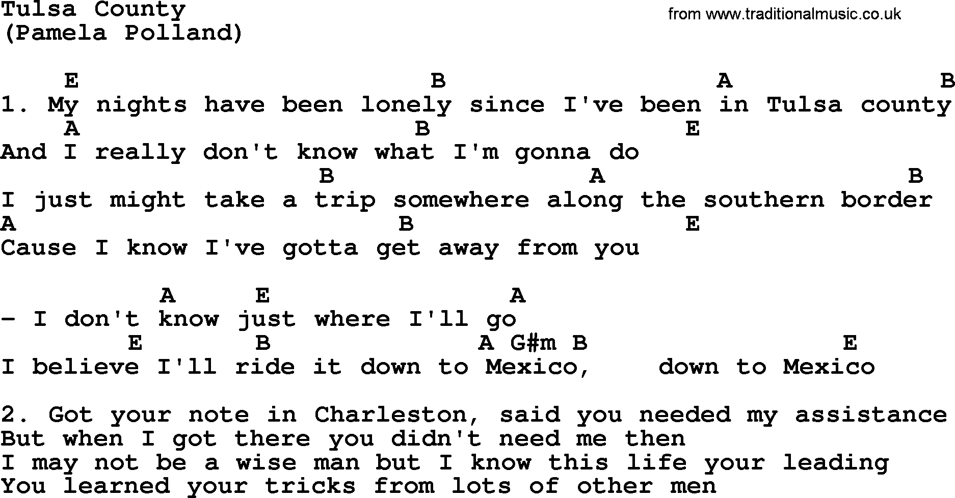 The Byrds song Tulsa County, lyrics and chords