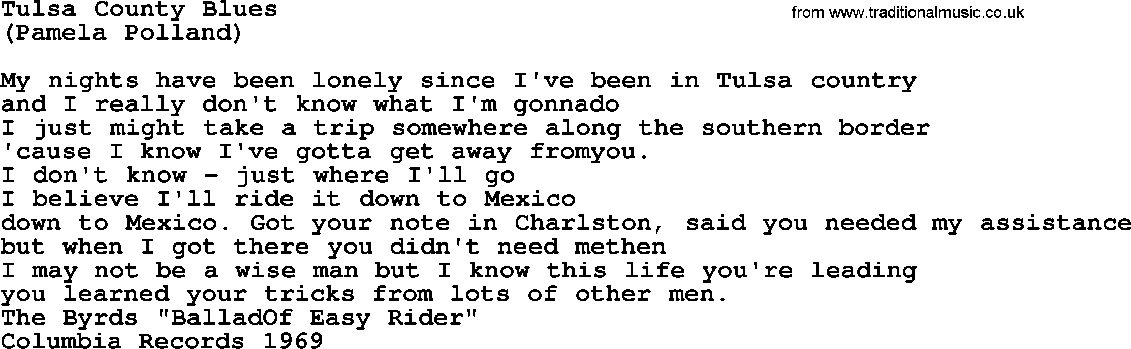 The Byrds song Tulsa County Blues, lyrics