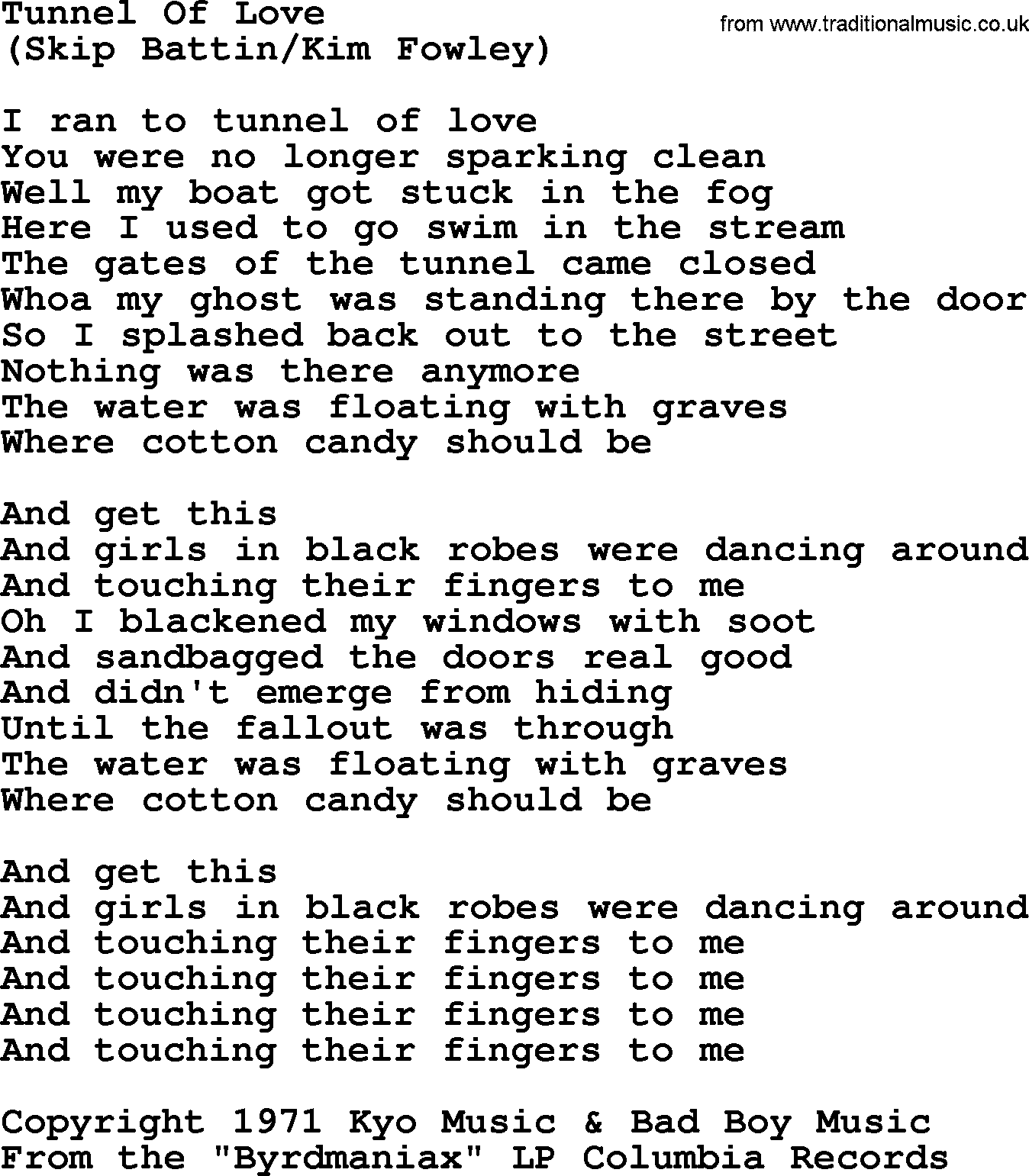 The Byrds song Tunnel Of Love, lyrics