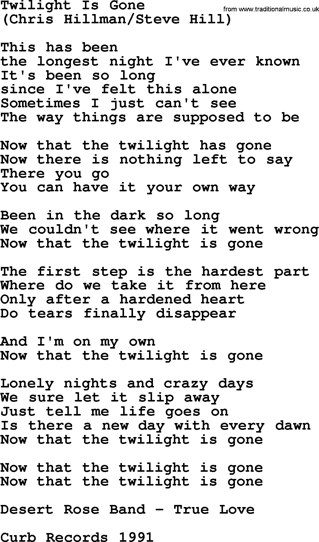 The Byrds song Twilight Is Gone, lyrics