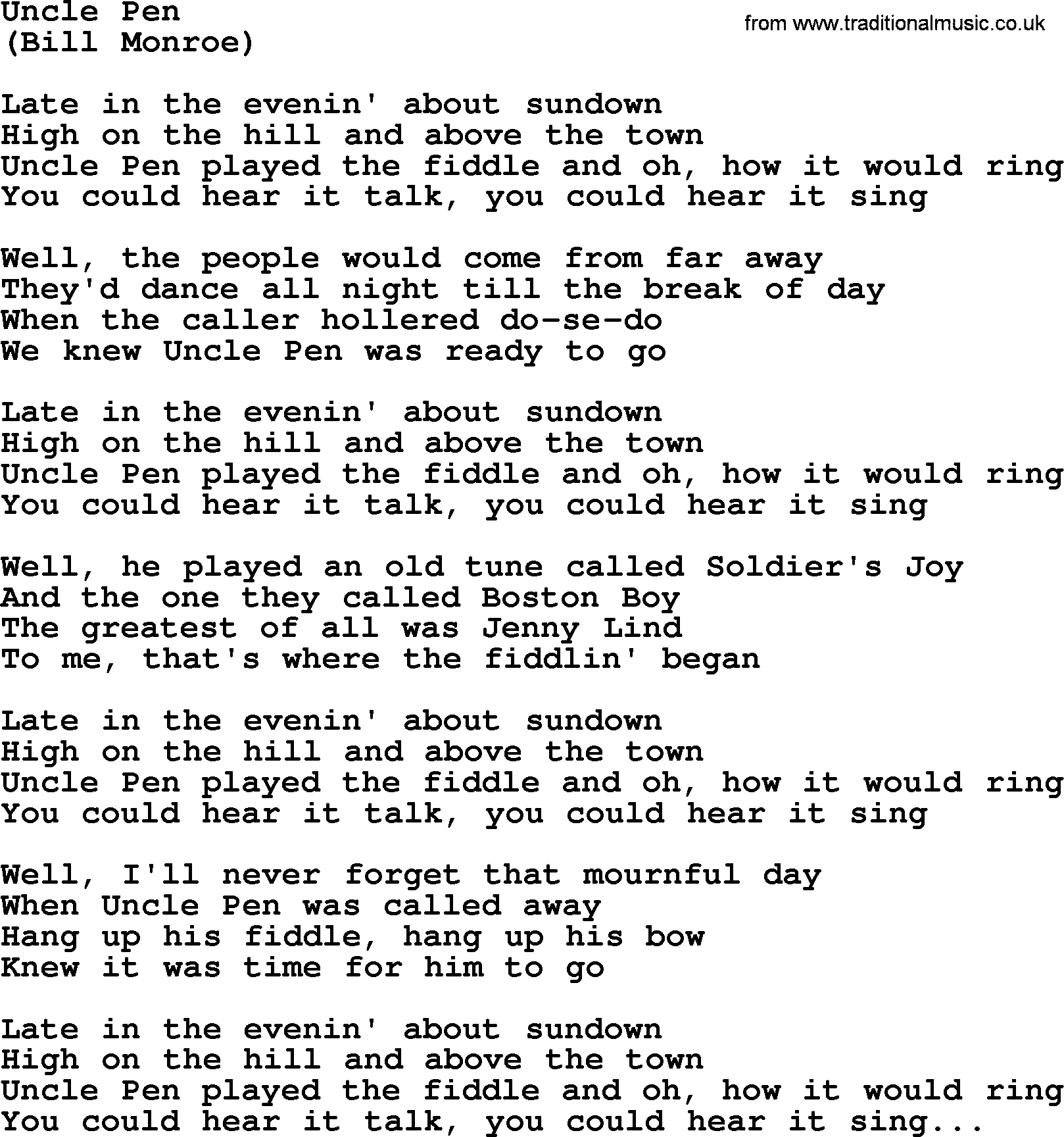The Byrds song Uncle Pen, lyrics
