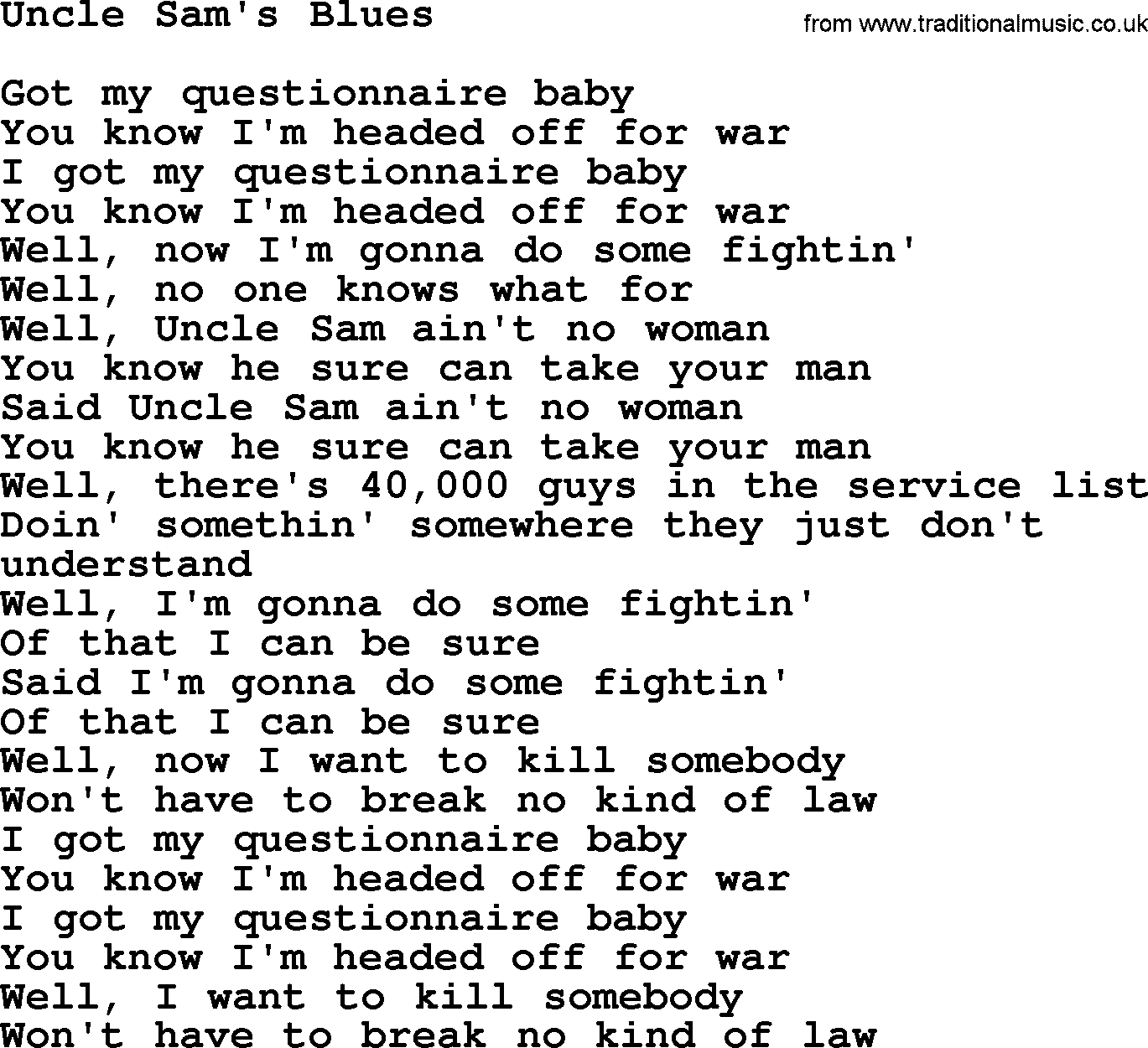 The Byrds song Uncle Sam's Blues, lyrics