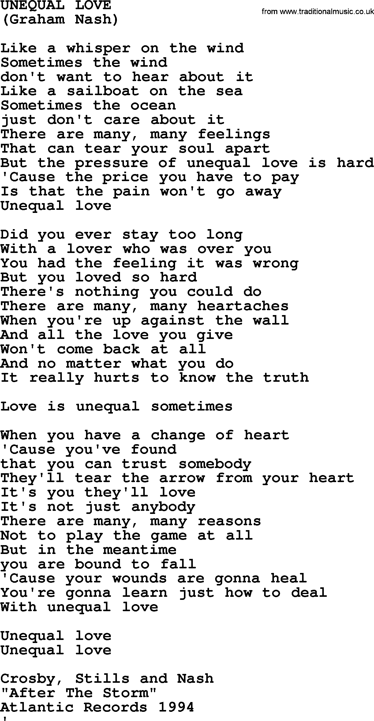 The Byrds song Unequal Love, lyrics