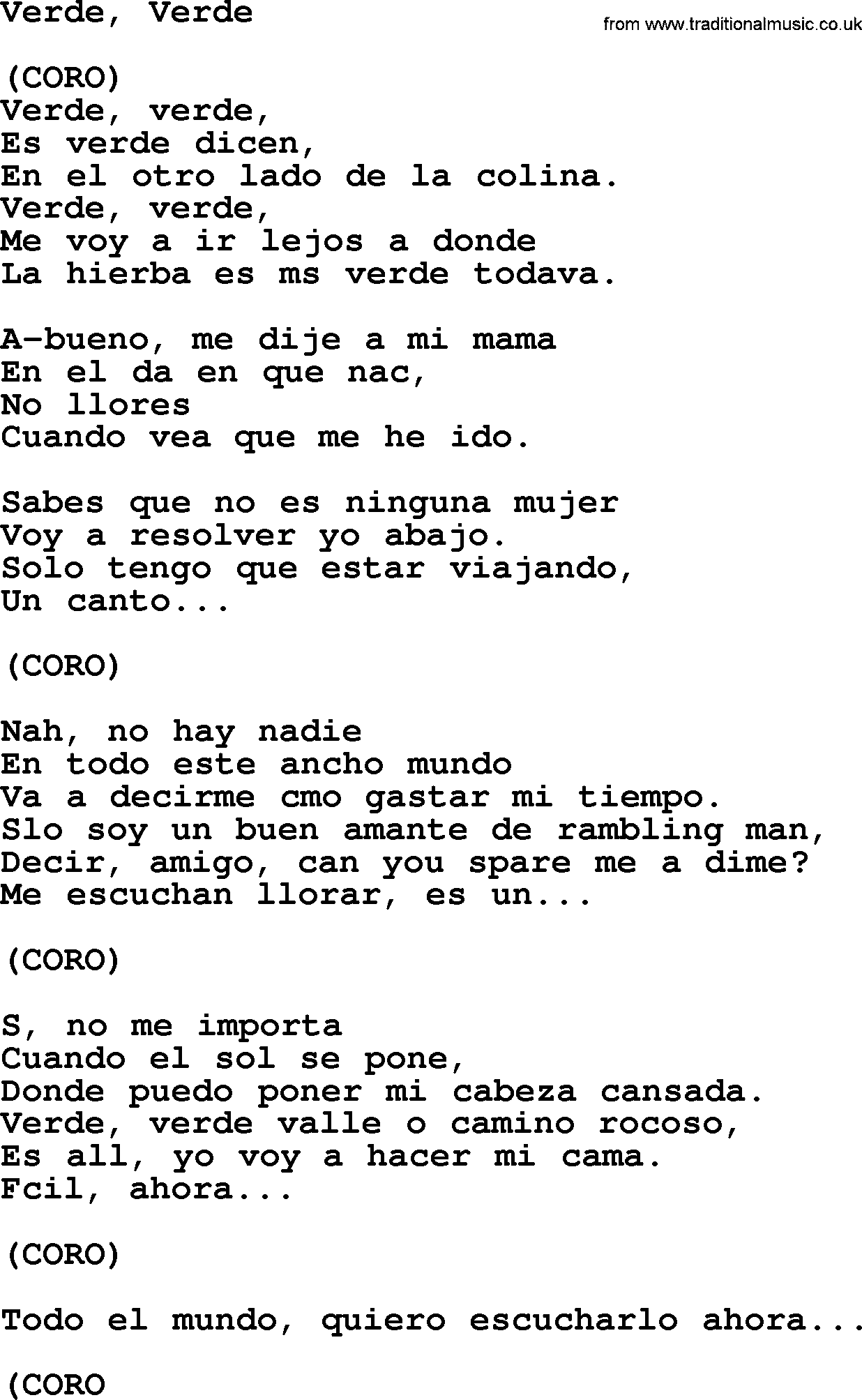 The Byrds song Verde, Verde, lyrics
