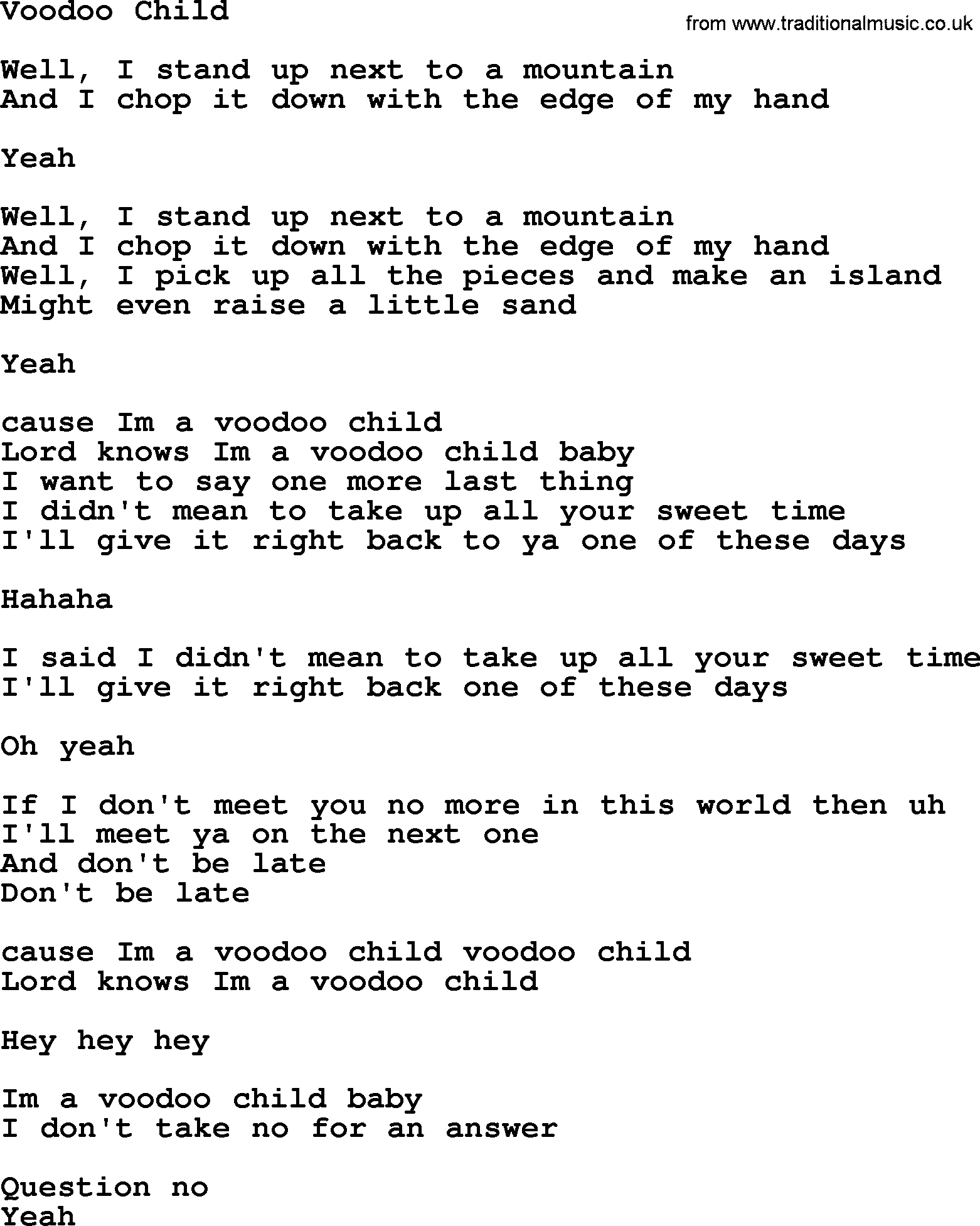 The Byrds song Voodoo Child, lyrics