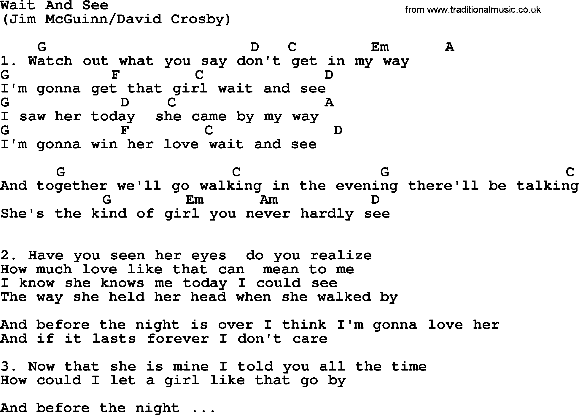 The Byrds song Wait And See, lyrics and chords