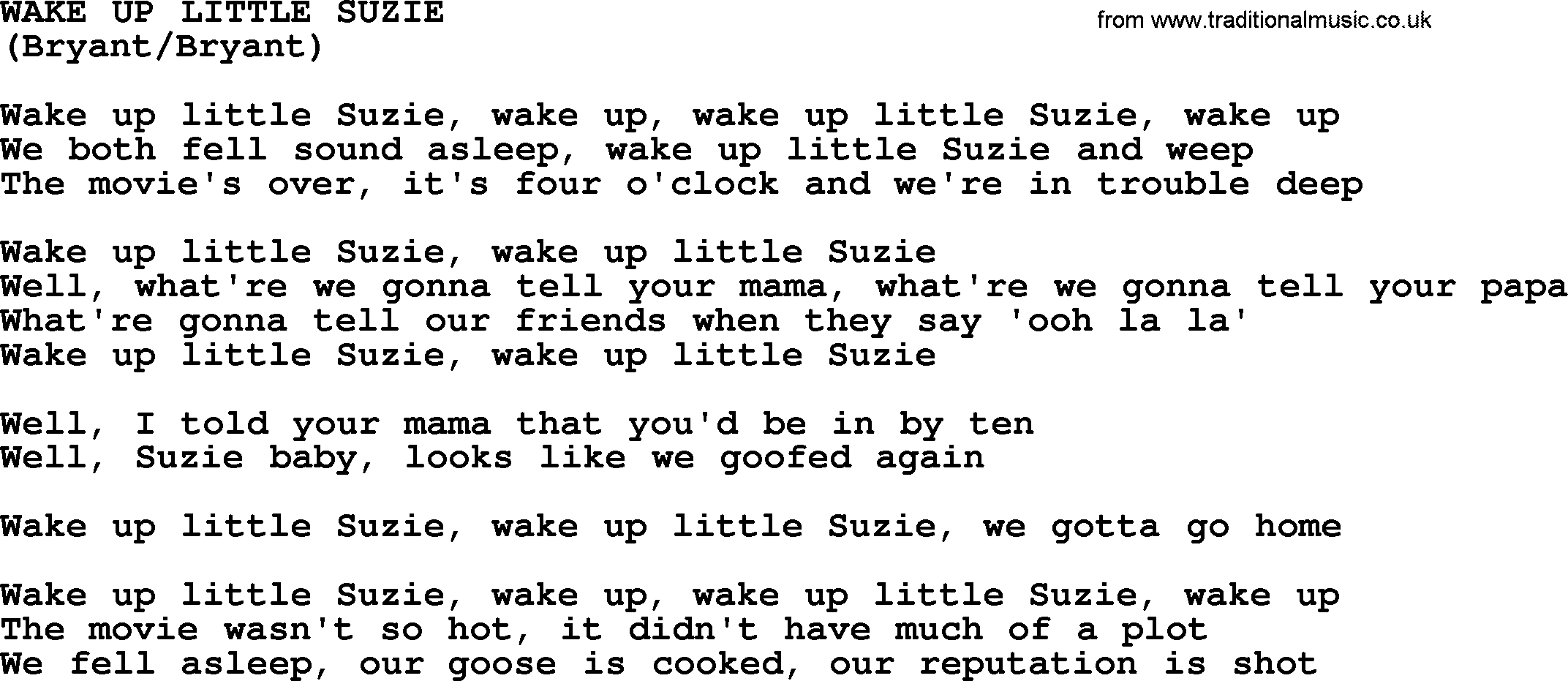The Byrds song Wake Up Little Suzie, lyrics