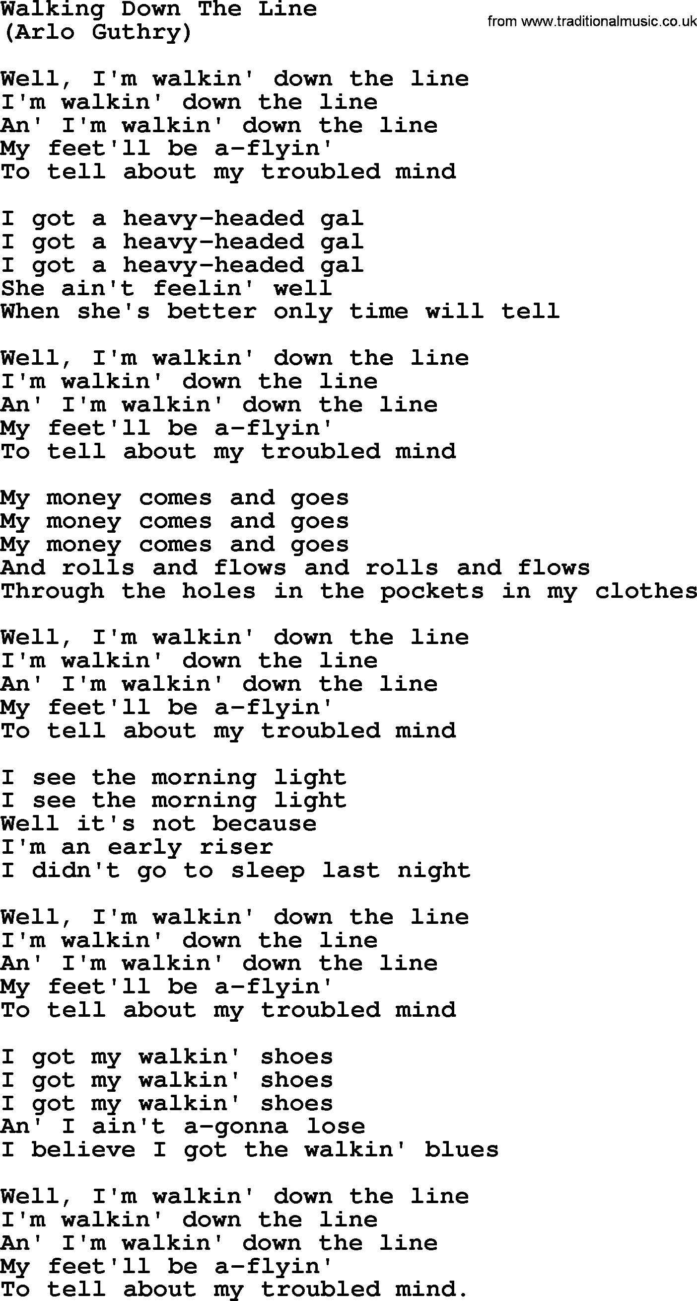 The Byrds song Walking Down The Line, lyrics