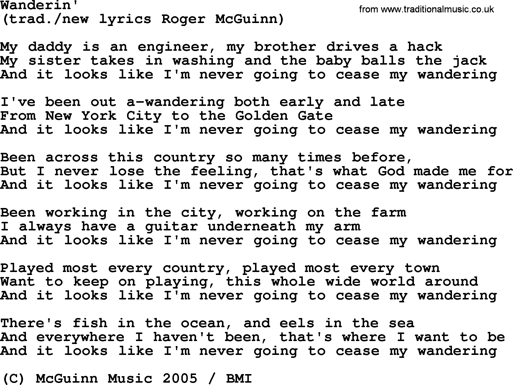 The Byrds song Wanderin', lyrics