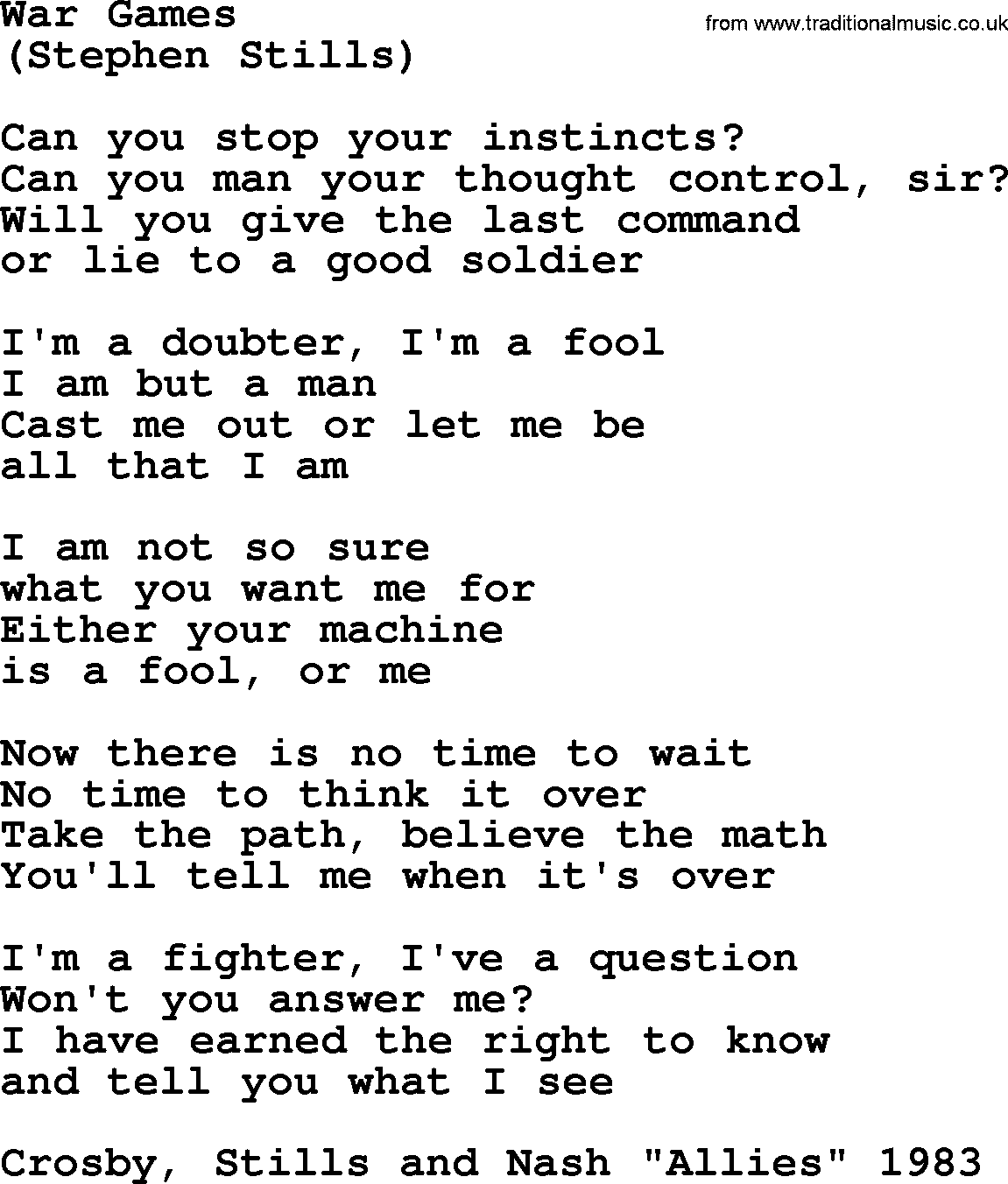 The Byrds song War Games, lyrics