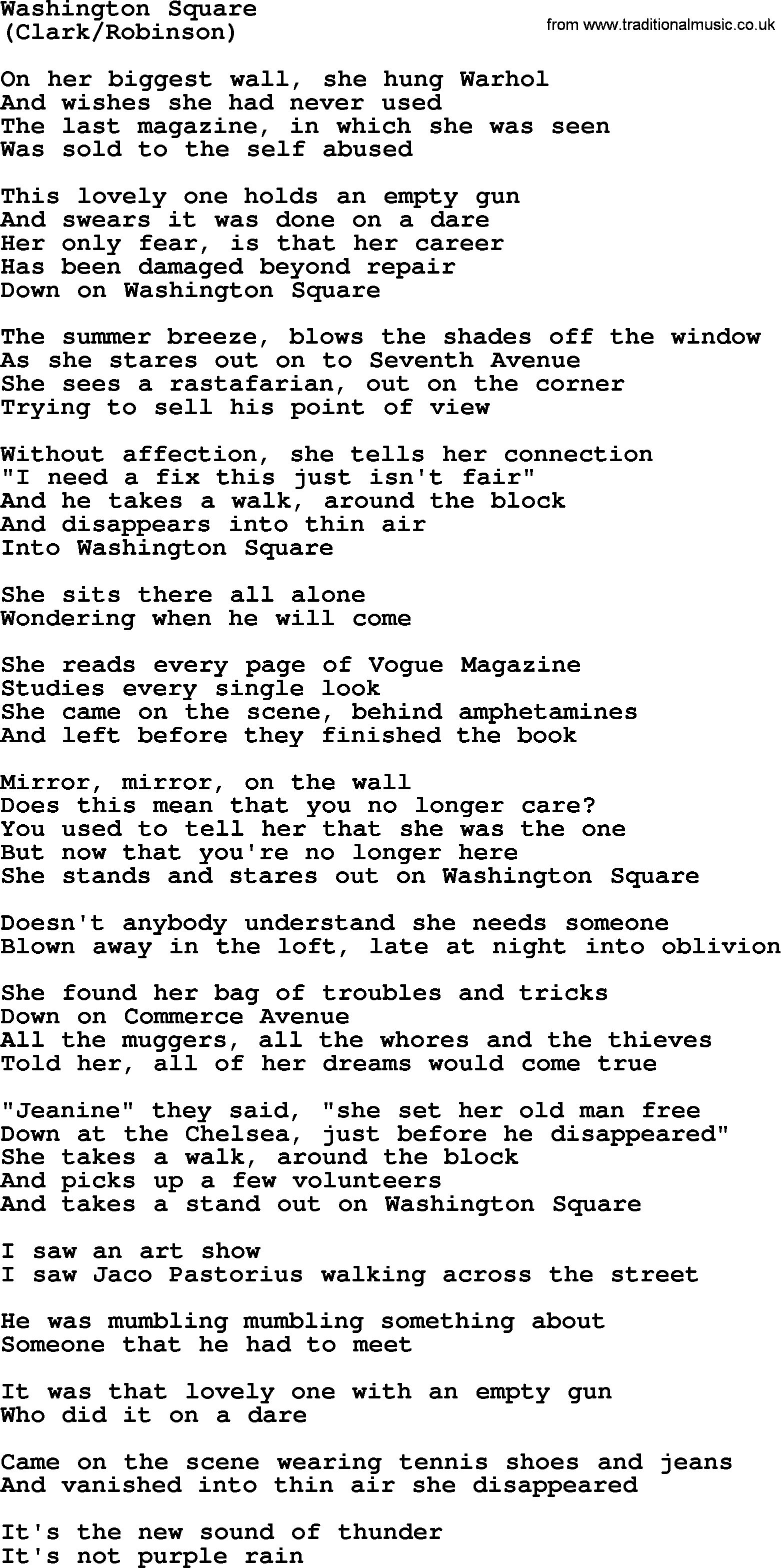 The Byrds song Washington Square, lyrics