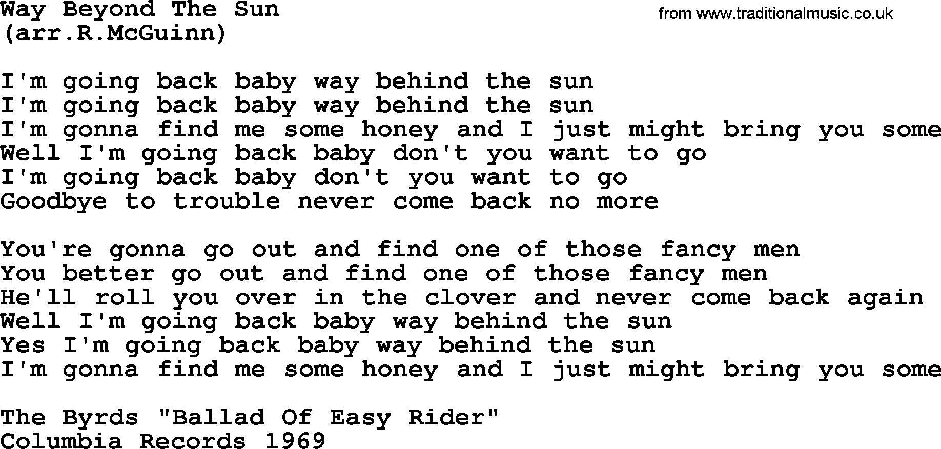 The Byrds song Way Beyond The Sun, lyrics