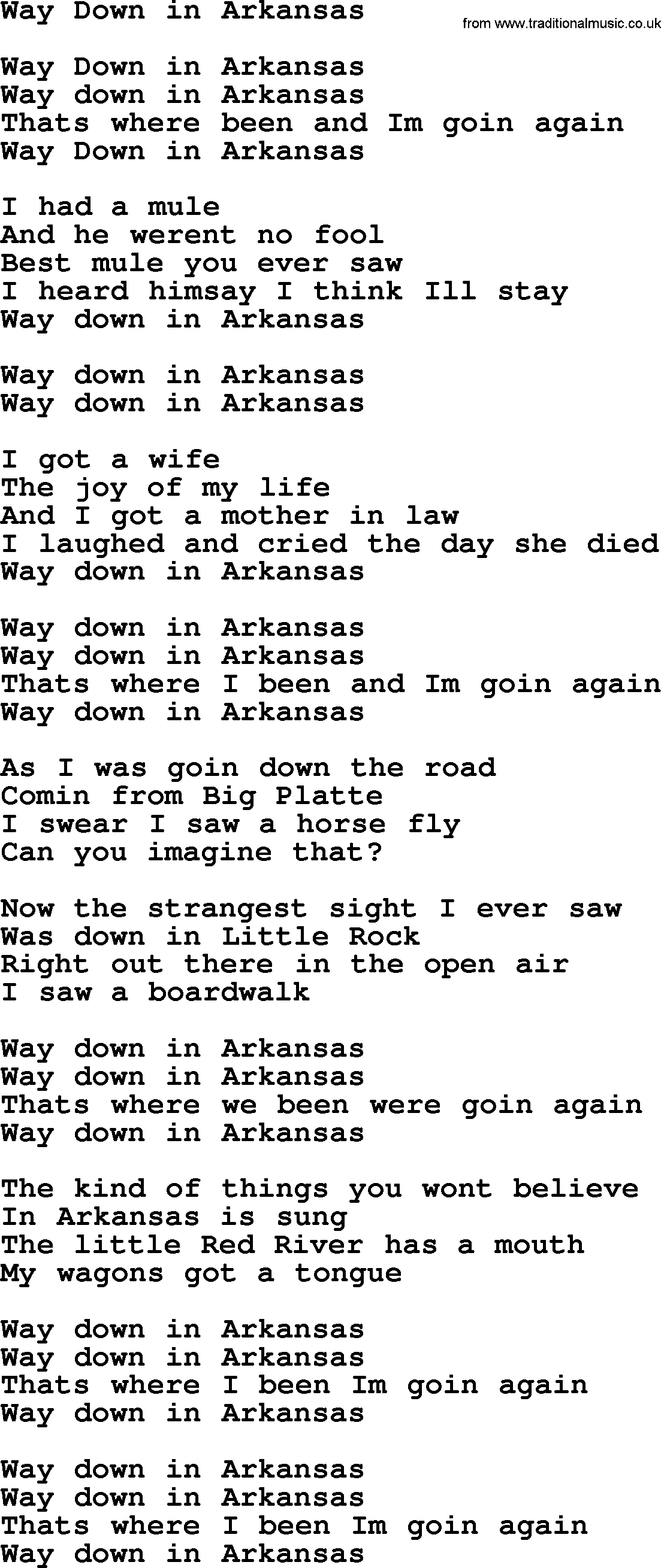 The Byrds song Way Down In Arkansas, lyrics