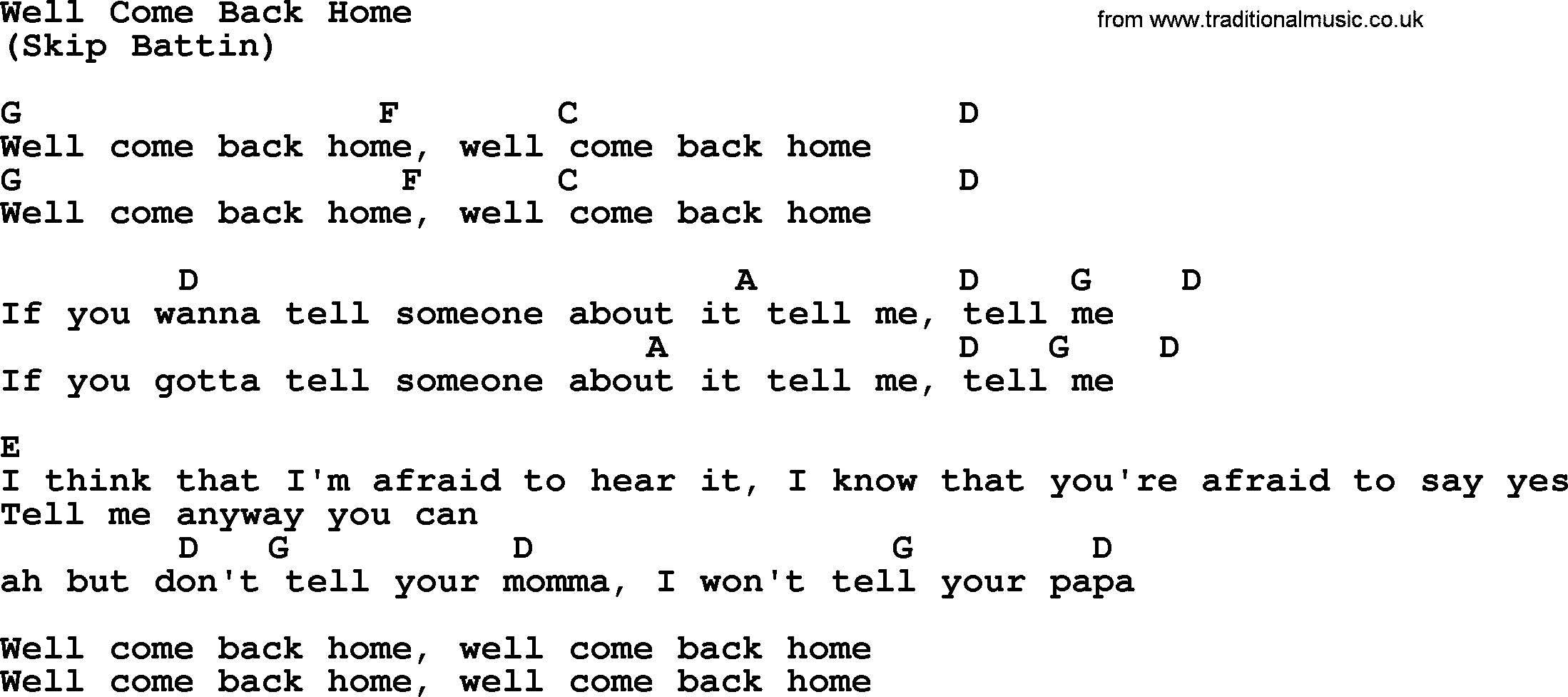 The Byrds song Well Come Back Home, lyrics and chords