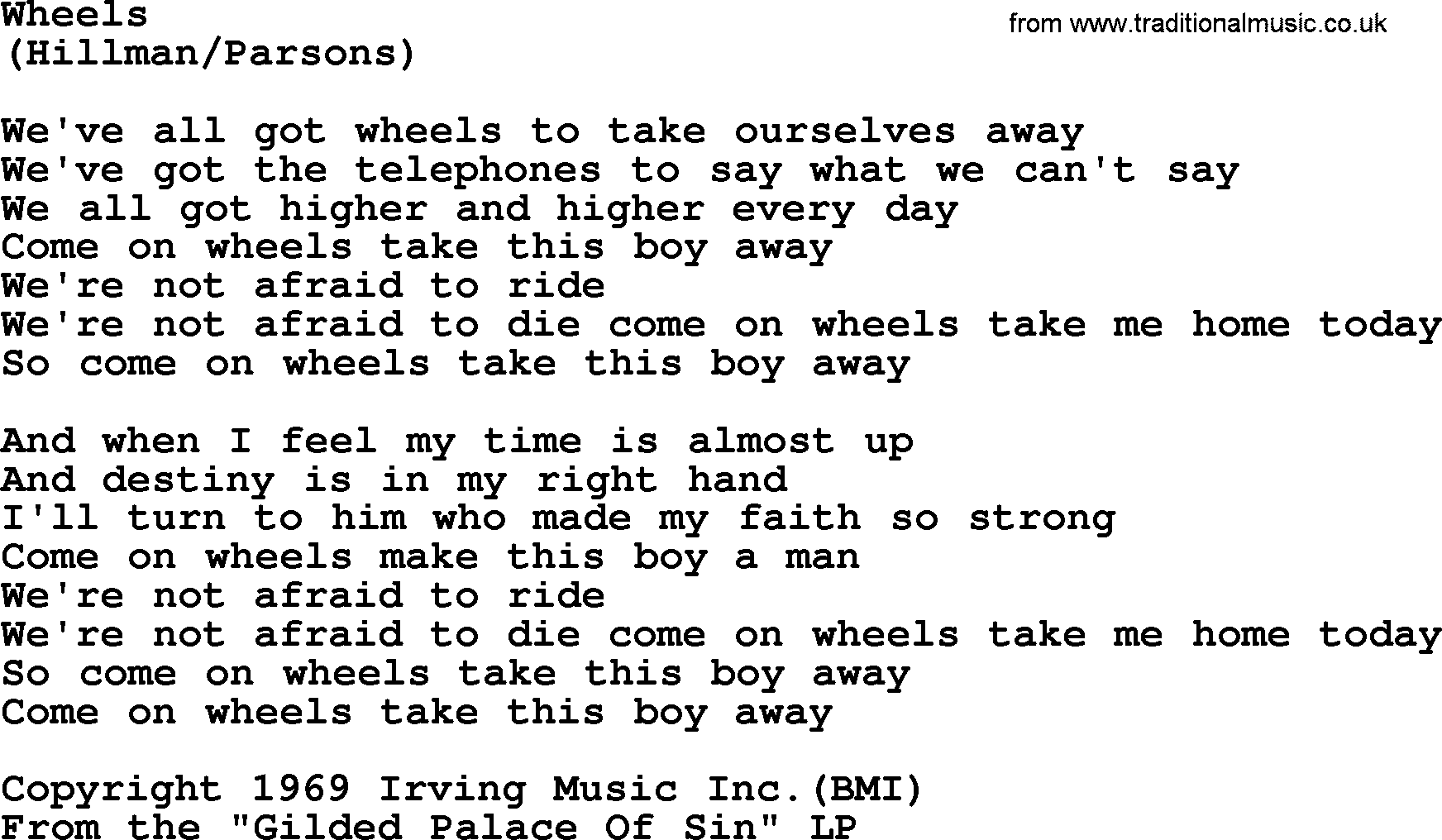 The Byrds song Wheels, lyrics
