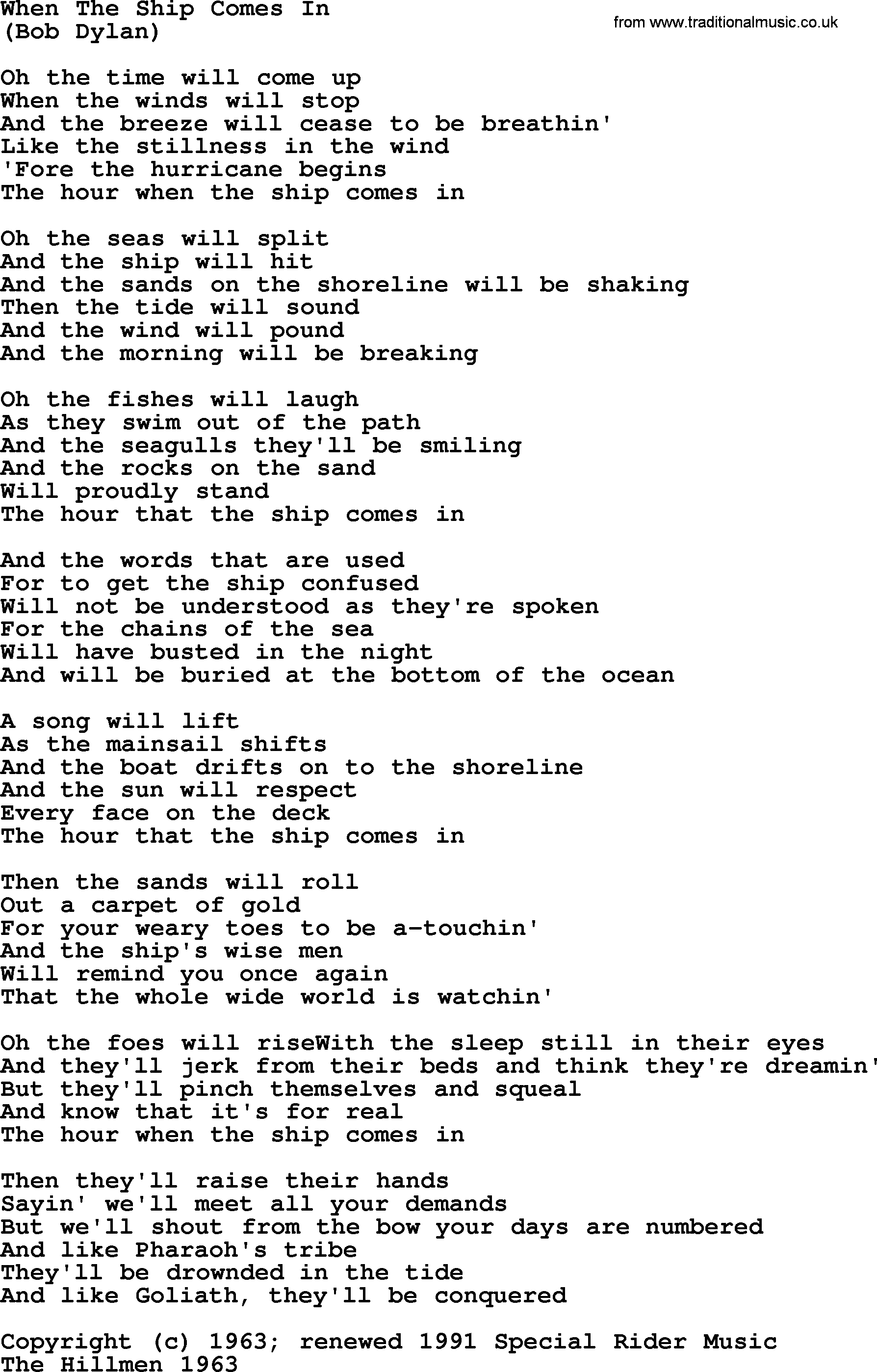 The Byrds song When The Ship Comes In, lyrics
