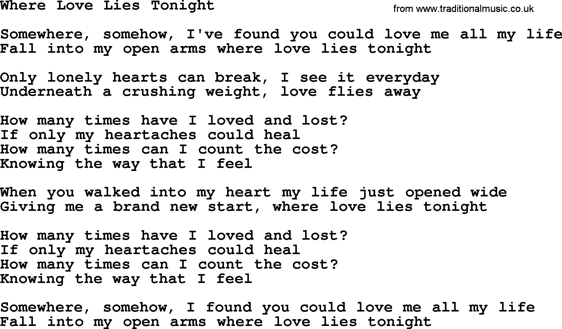 The Byrds song Where Love Lies Tonight, lyrics