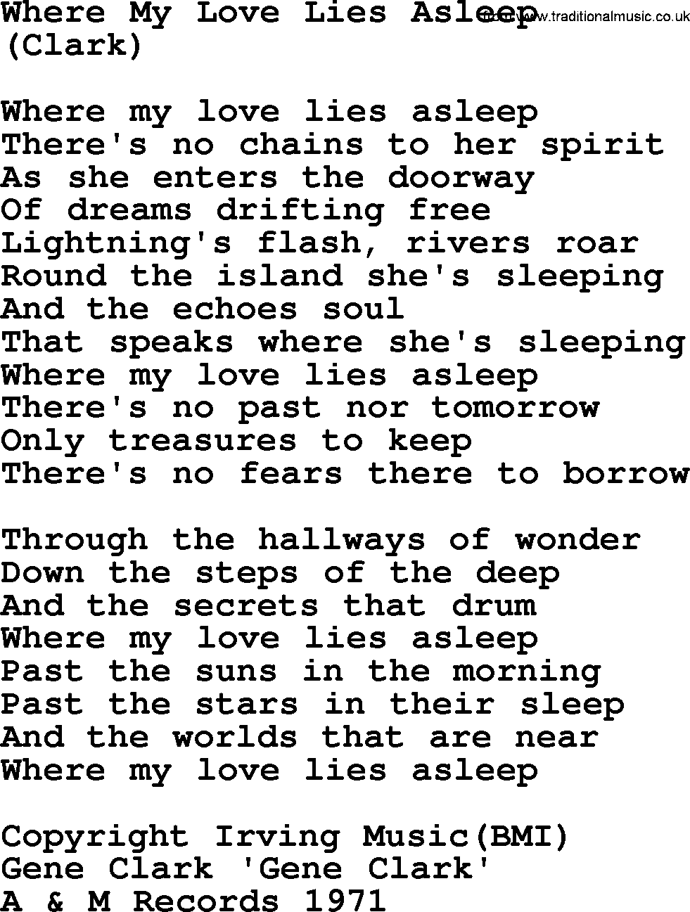The Byrds song Where My Love Lies Asleep, lyrics