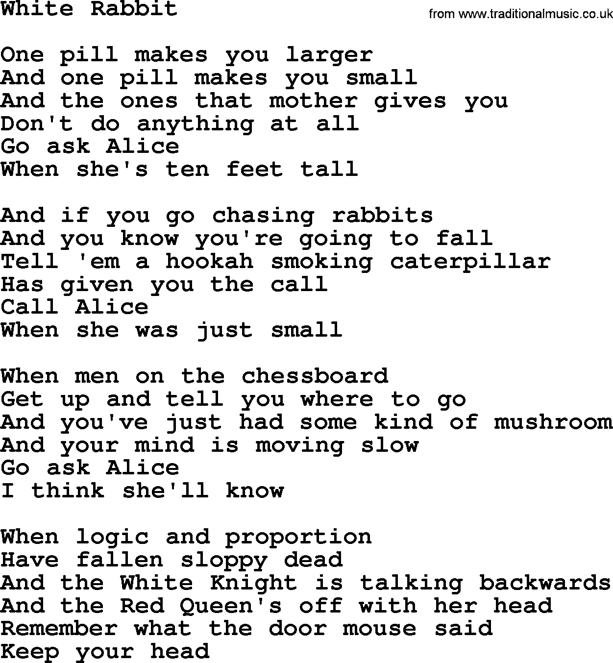 The Byrds song White Rabbit, lyrics