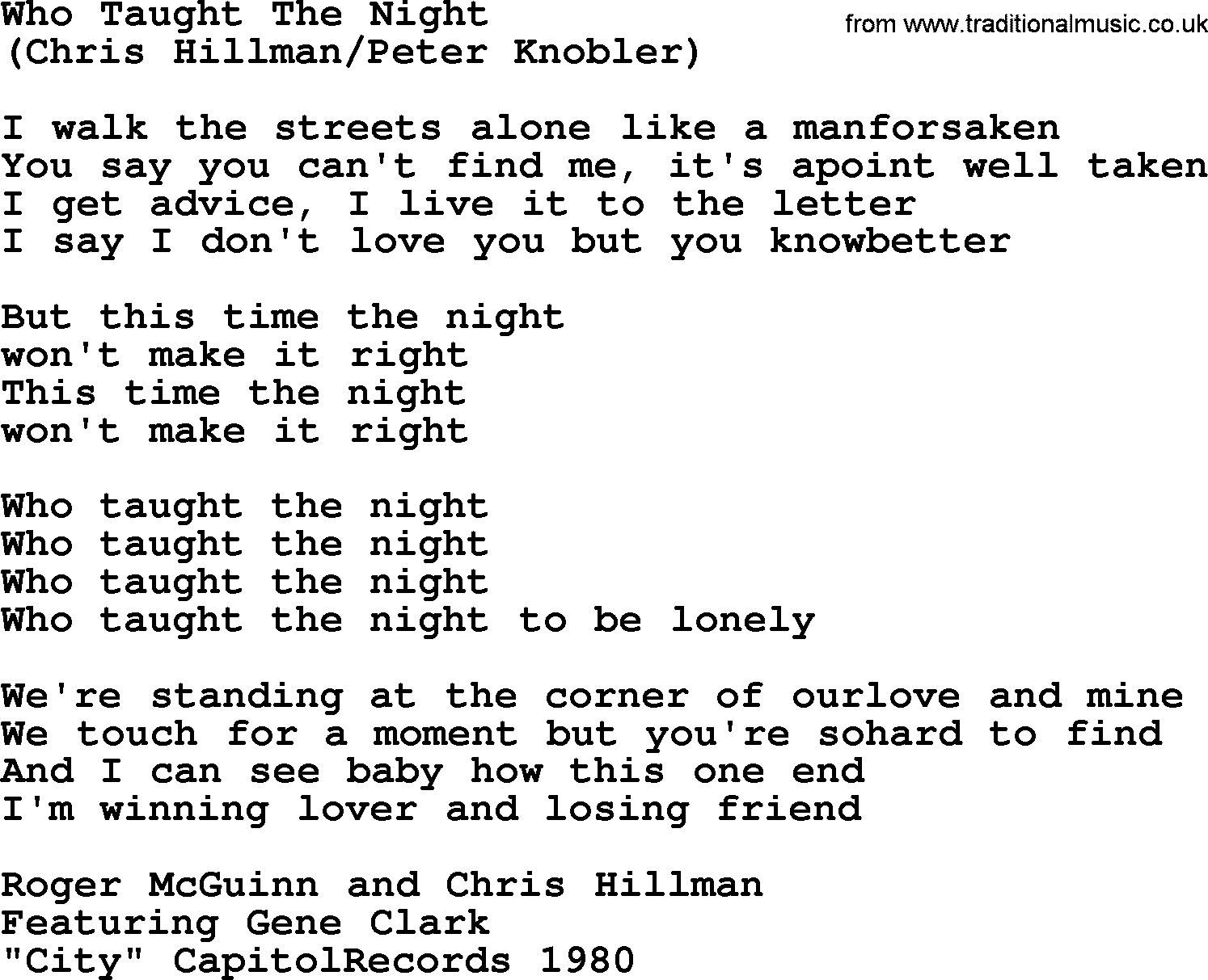 The Byrds song Who Taught The Night, lyrics