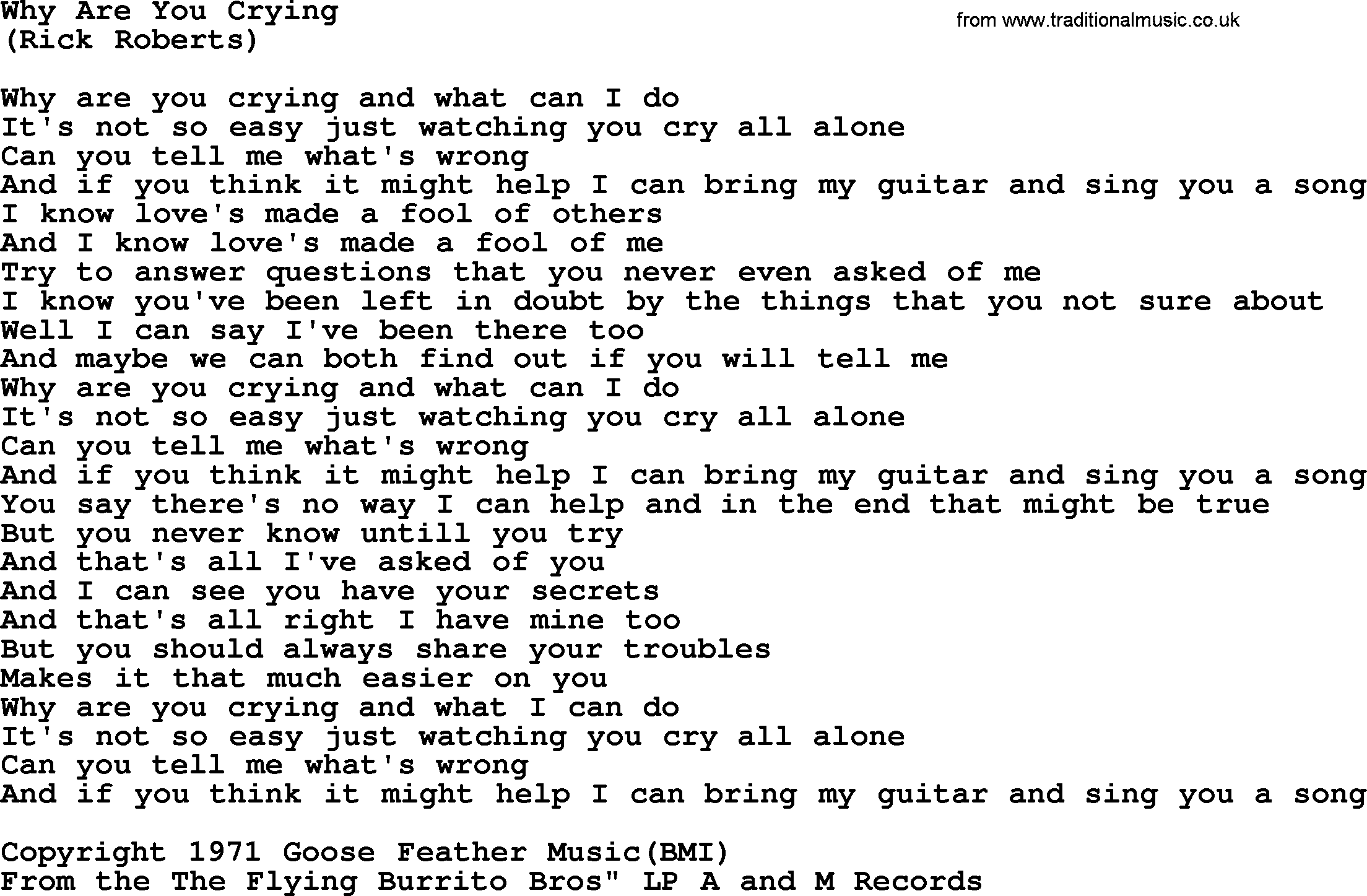 The Byrds song Why Are You Crying, lyrics