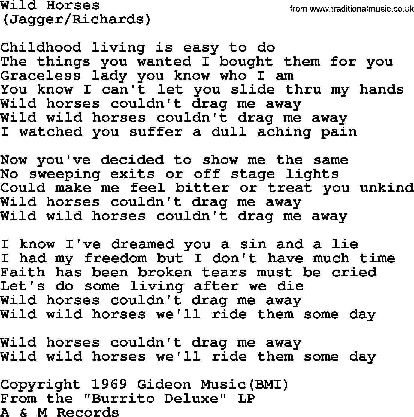 The Byrds song Wild Horses, lyrics