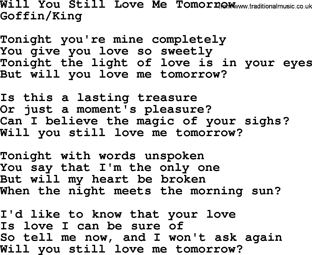 The Byrds song Will You Still Love Me Tomorrow, lyrics