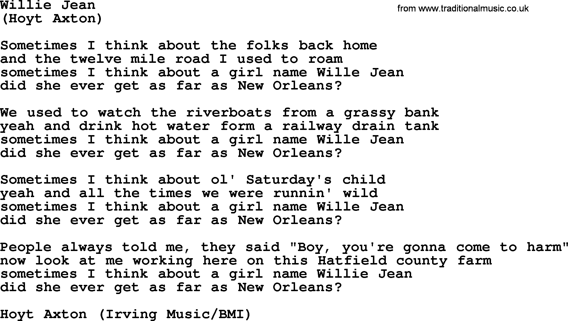 The Byrds song Willie Jean, lyrics
