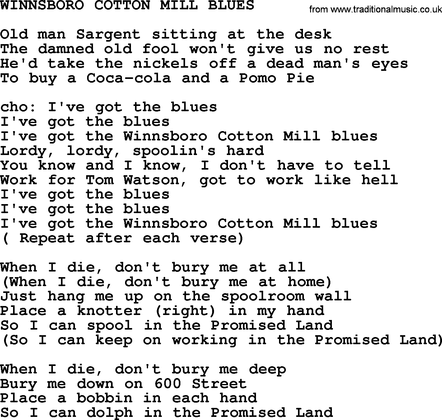 The Byrds song Winnsboro Cotton Mill Blues, lyrics