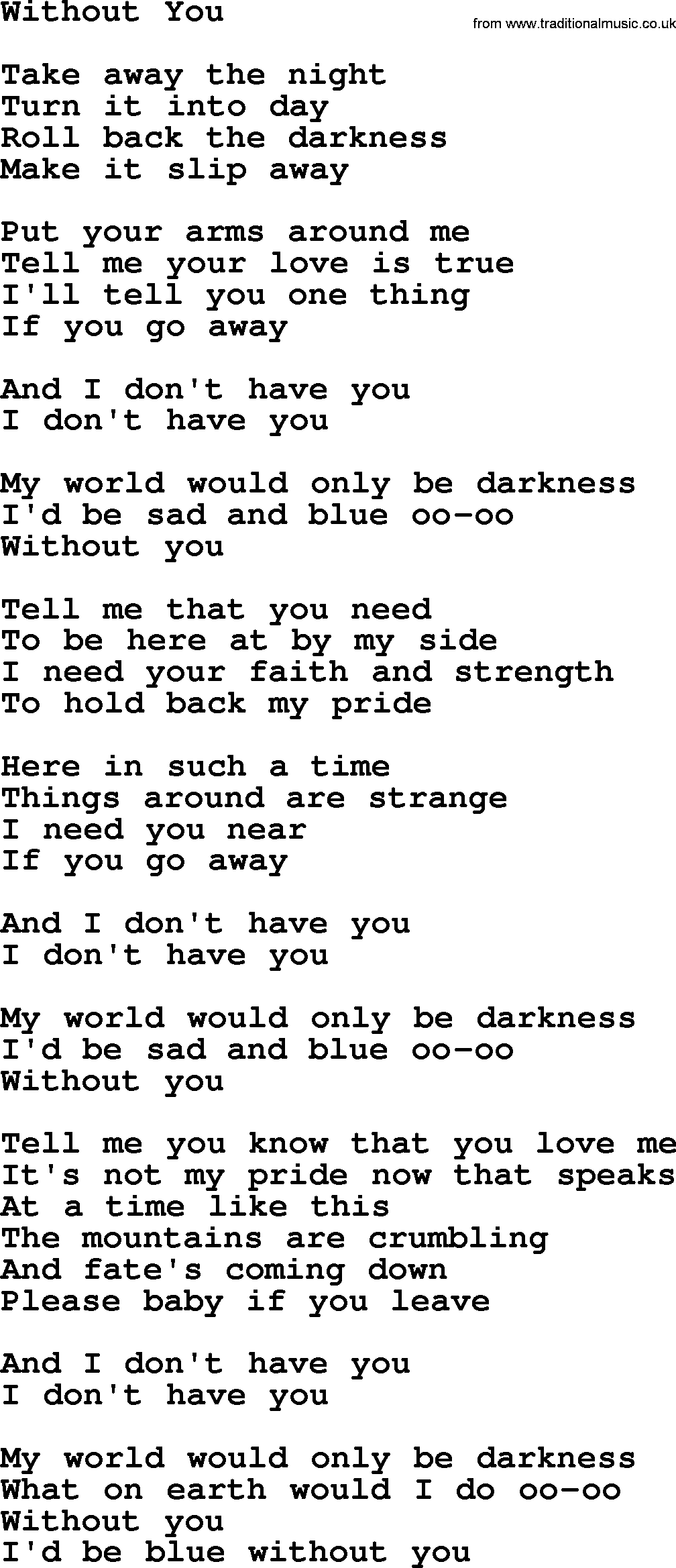 The Byrds song Without You, lyrics