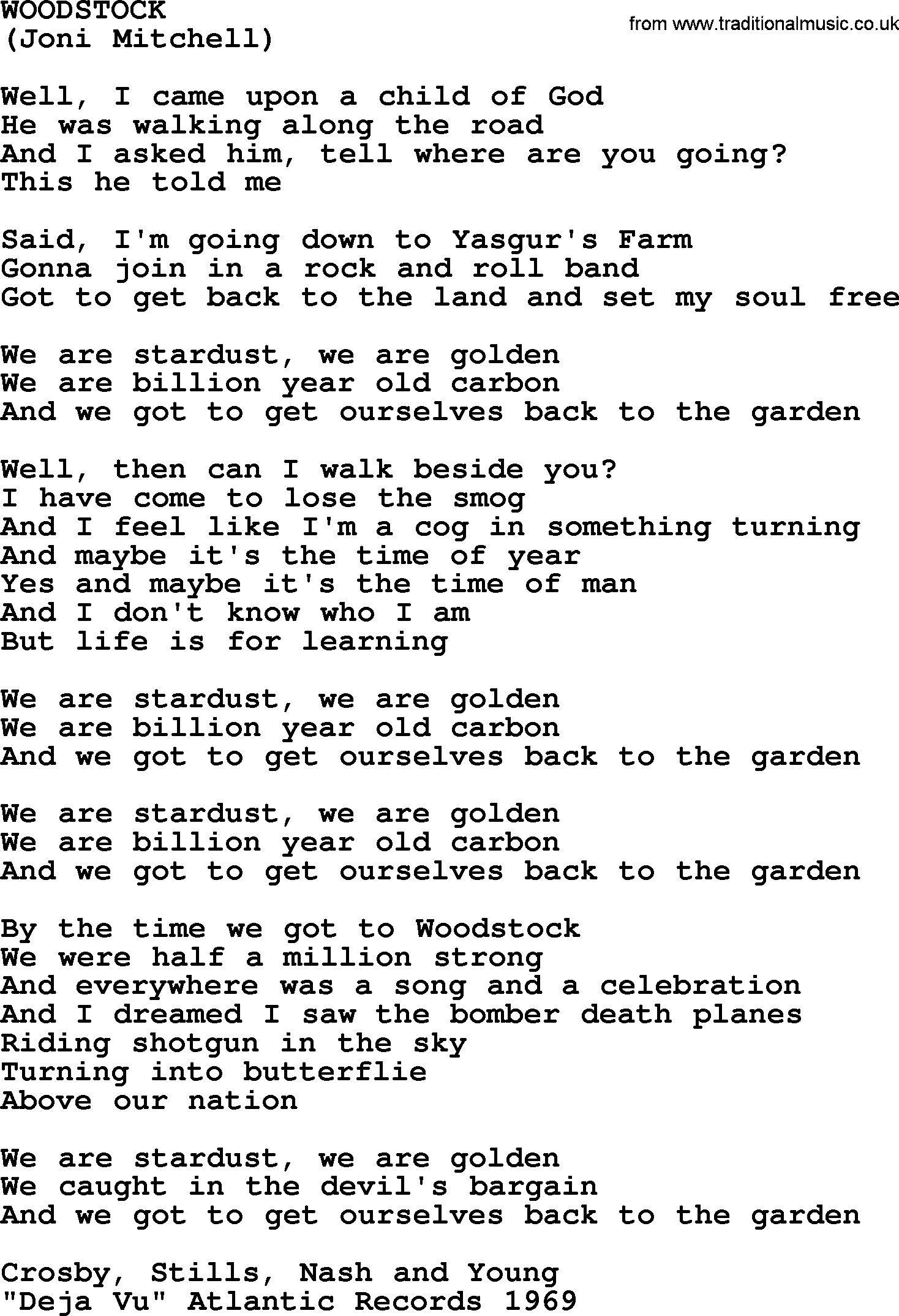 The Byrds song Woodstock, lyrics