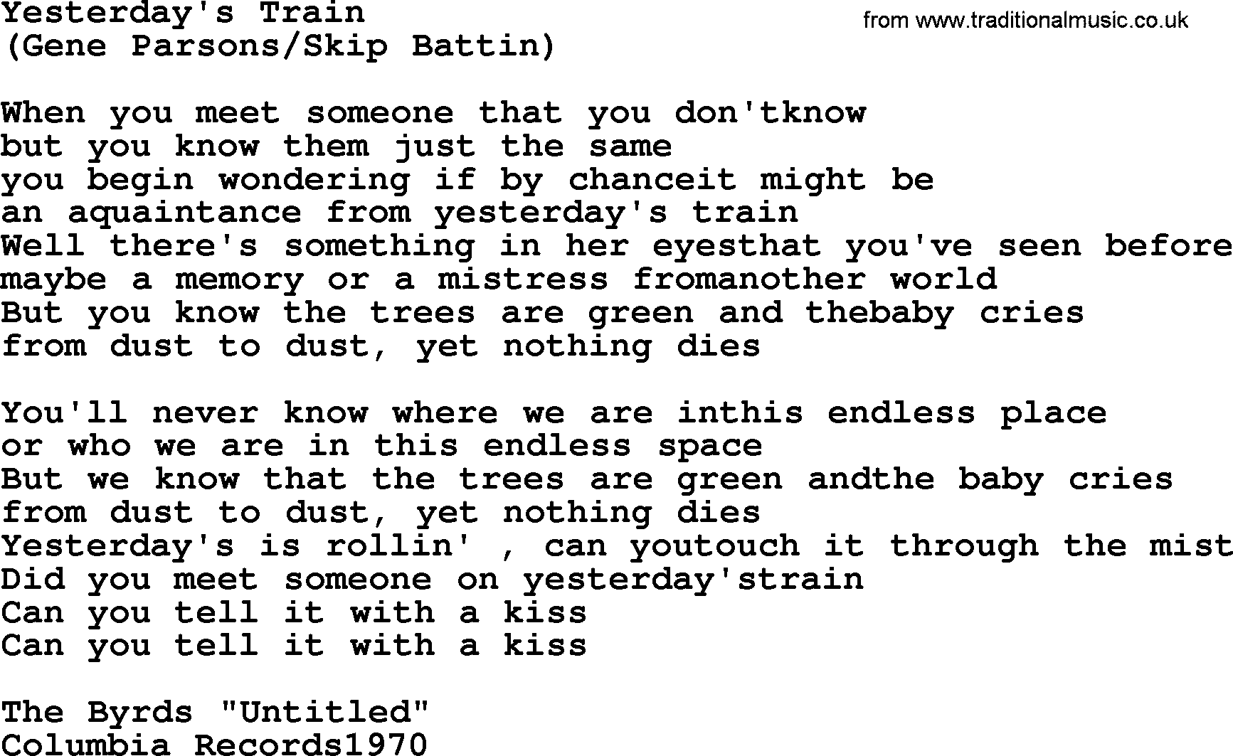 The Byrds song Yesterday's Train, lyrics