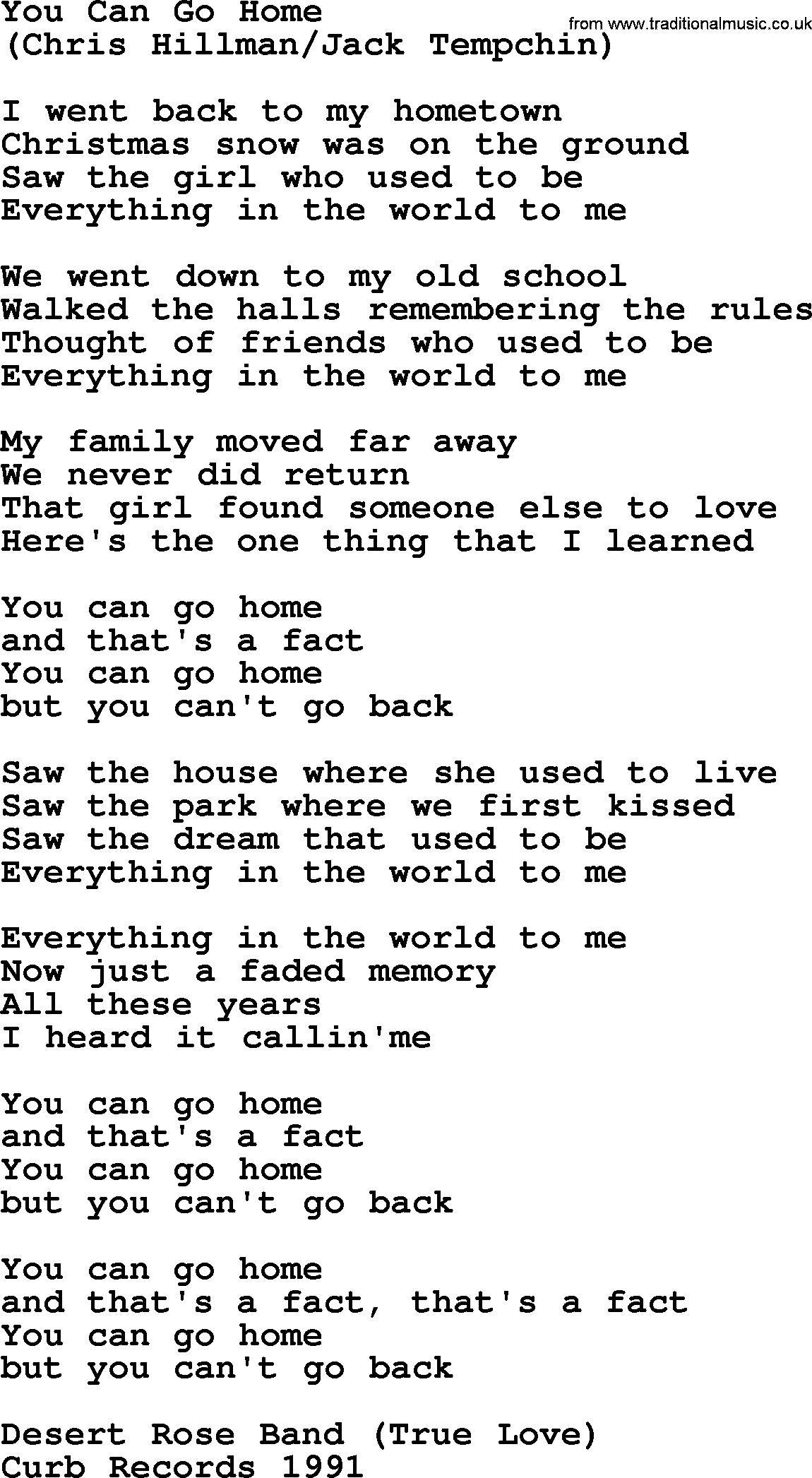 The Byrds song You Can Go Home, lyrics