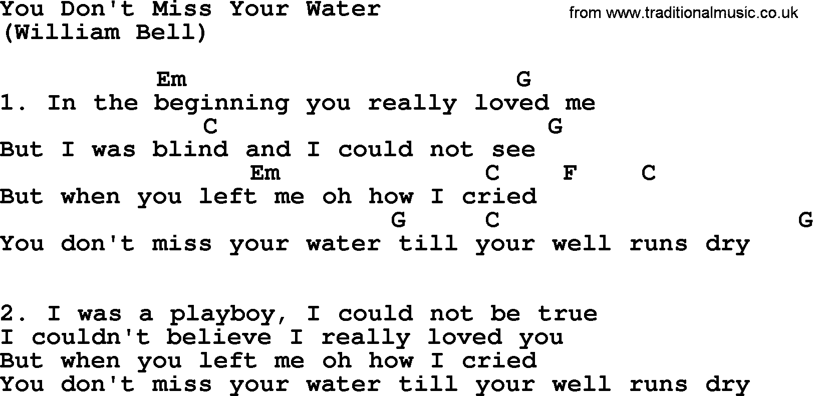The Byrds song You Don't Miss Your Water, lyrics and chords