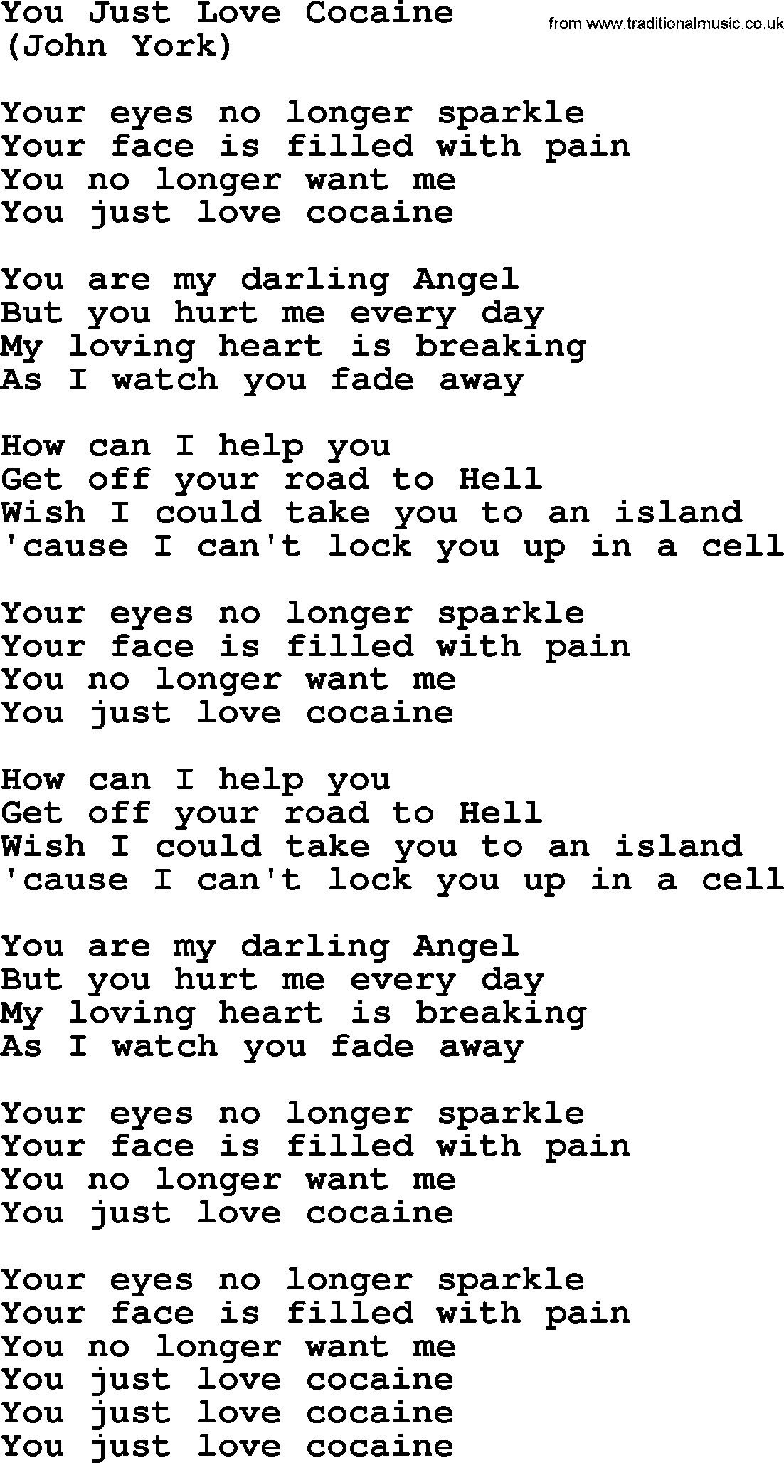 The Byrds song You Just Love Cocaine, lyrics