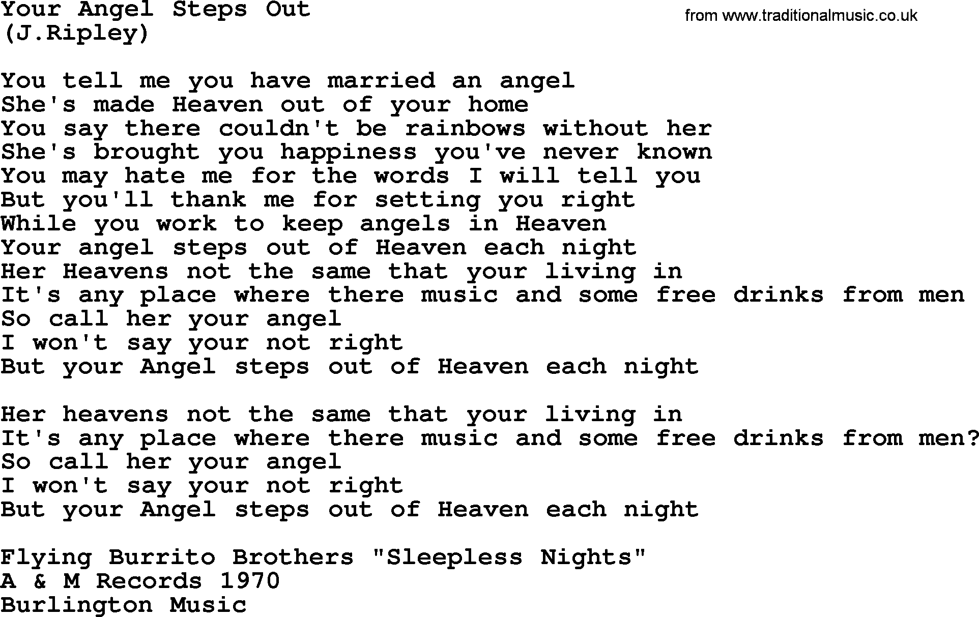 The Byrds song Your Angel Steps Out, lyrics