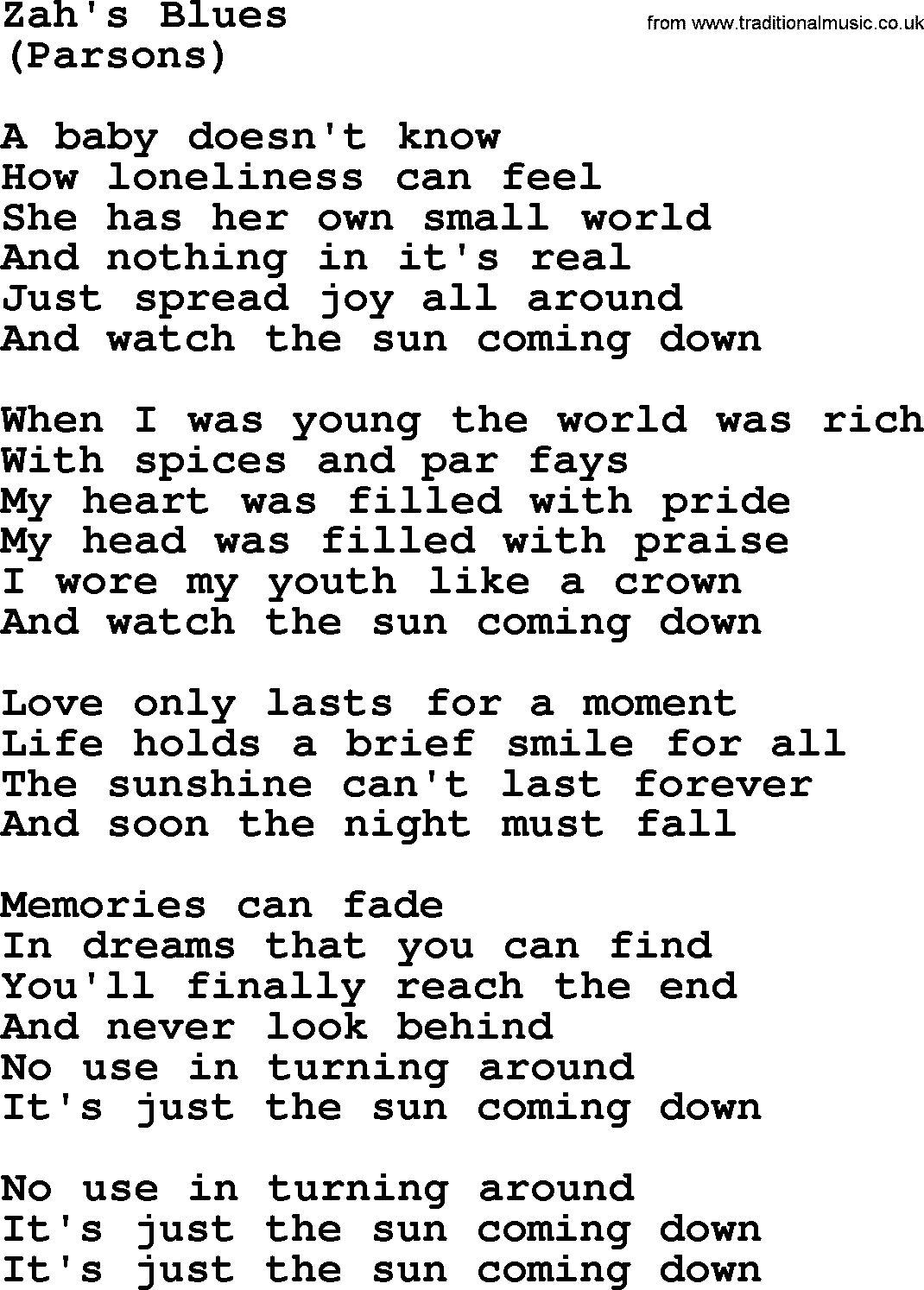 The Byrds song Zah's Blues, lyrics